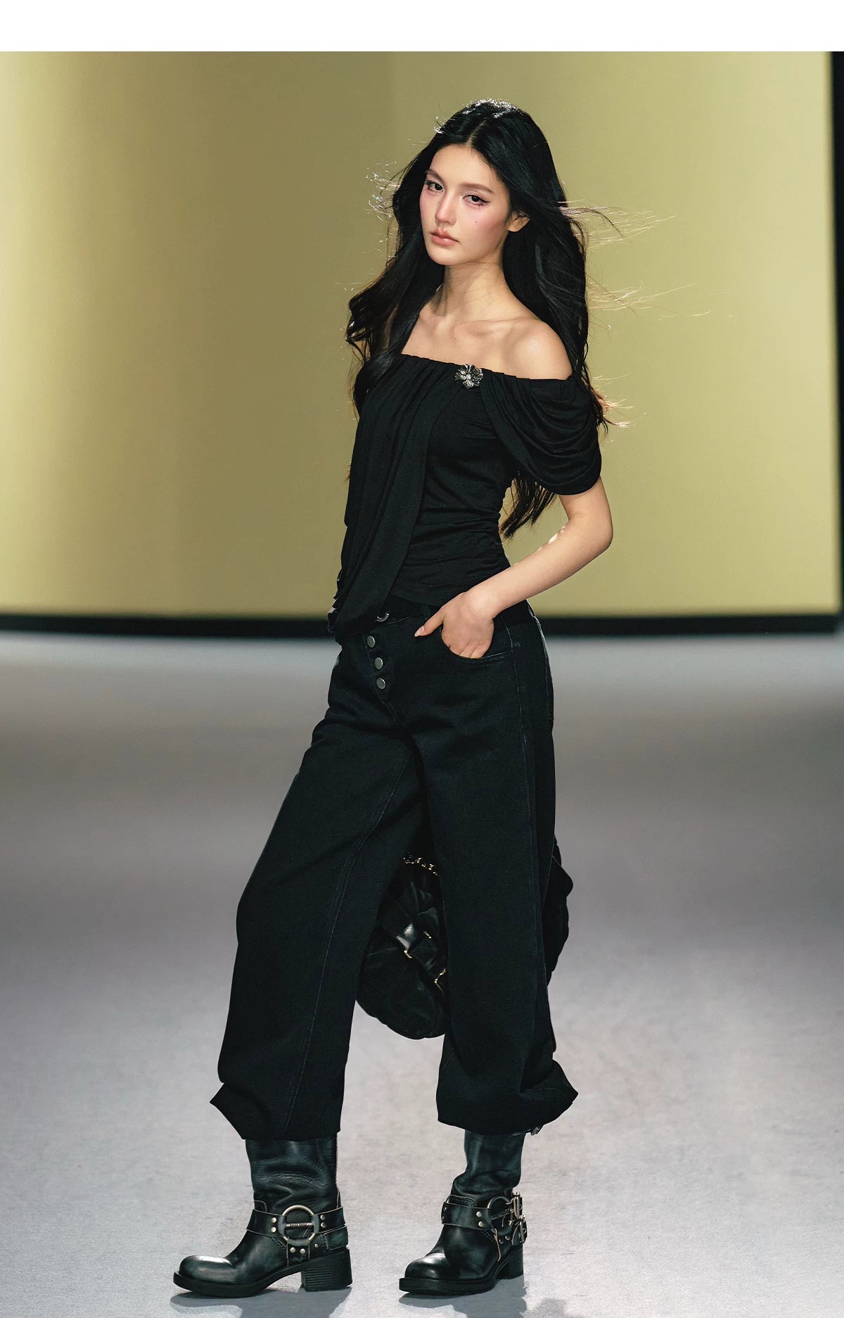 Off-Shoulder Draped Pleated Lyocell Top