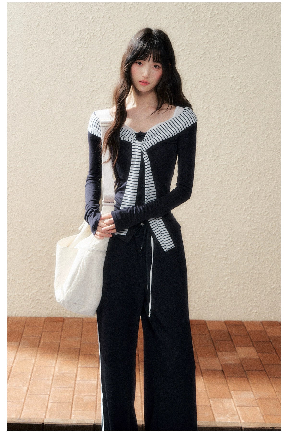 Navy Sailor-Collar Contrast Stripe Knit T-shirt - CHINASQUAD