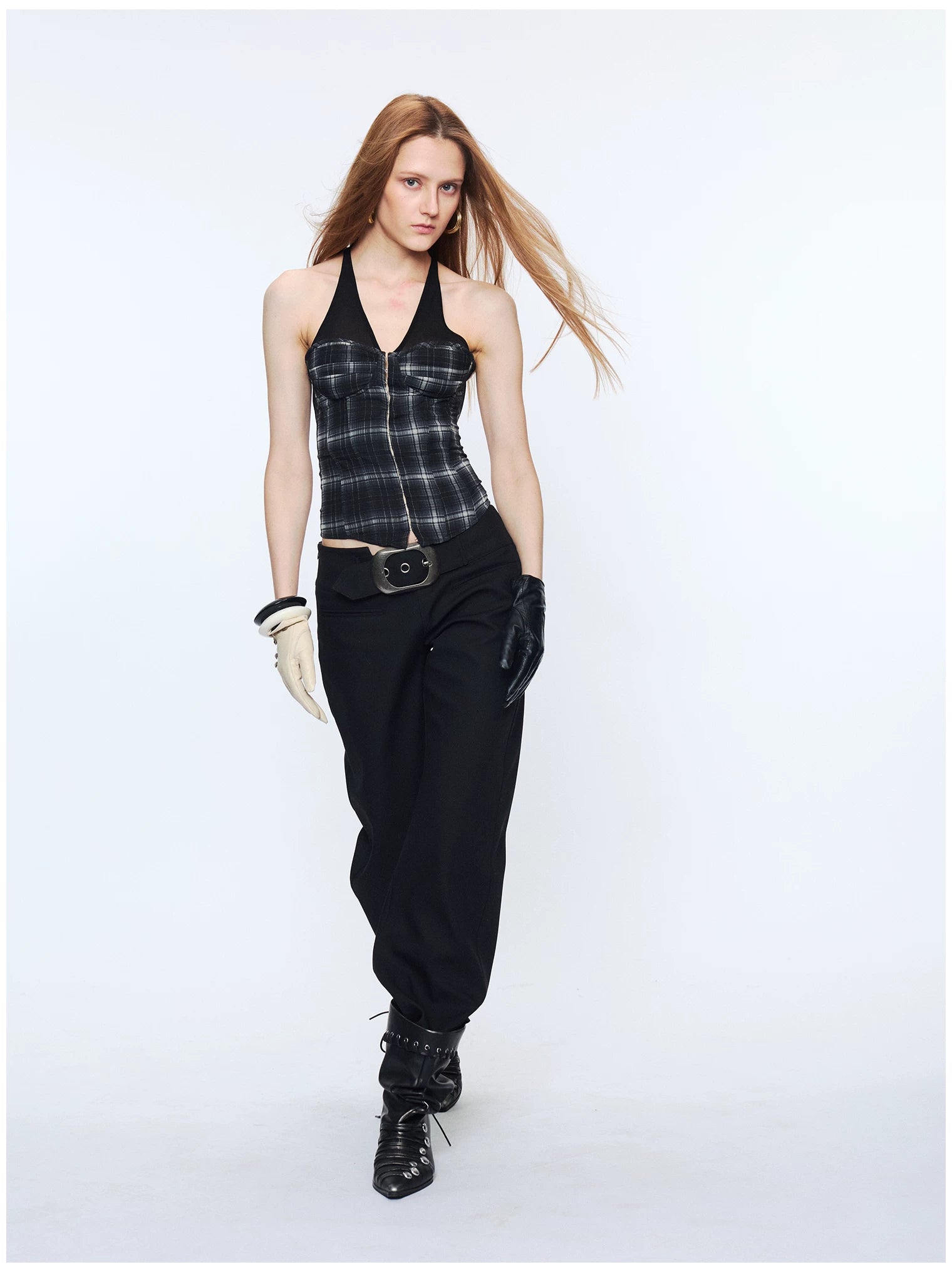 Plaid Mesh Panel Halter Corset