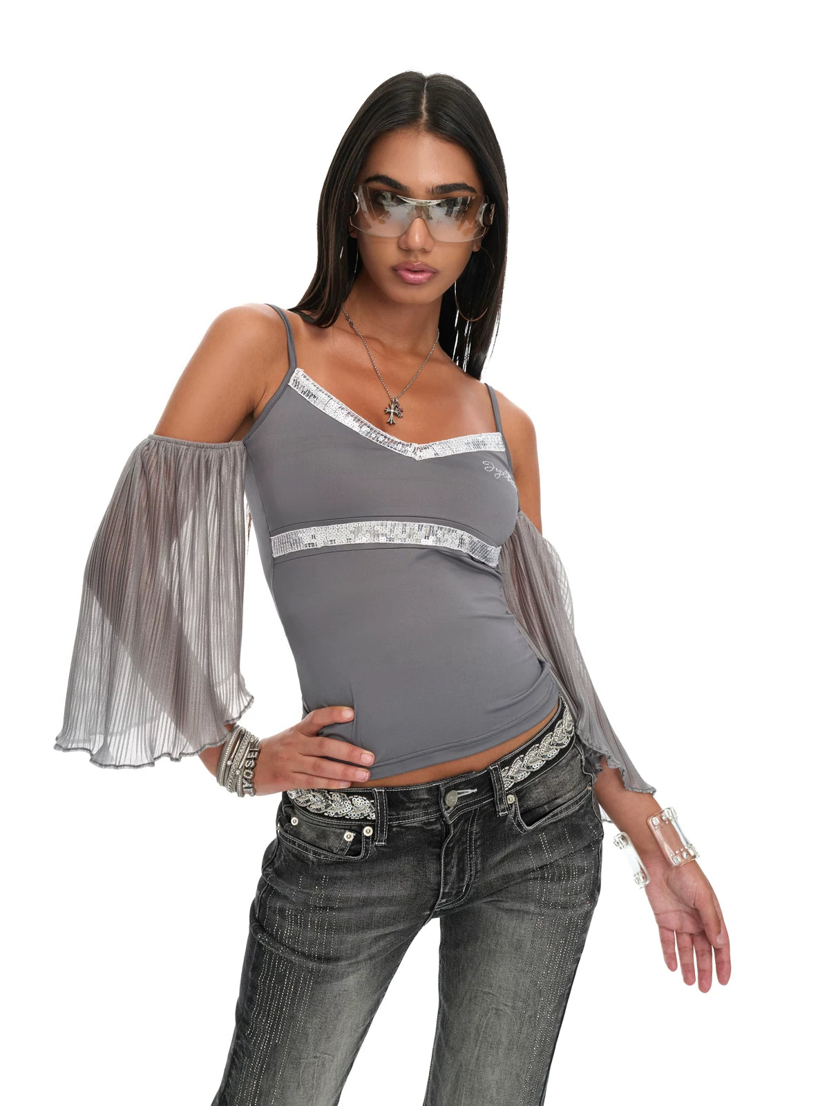Grey Sequin-Trim V-Neck Pleated Sleeve Camisole