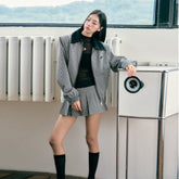 Silhouette Flight Jacket with Plaid Skirt Set - CHINASQUAD