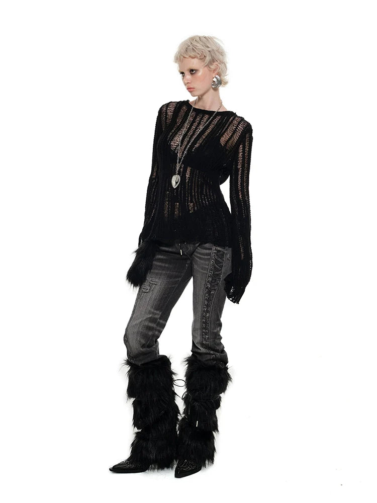 Black & Gray Hollow Knit Sweater - CHINASQUAD