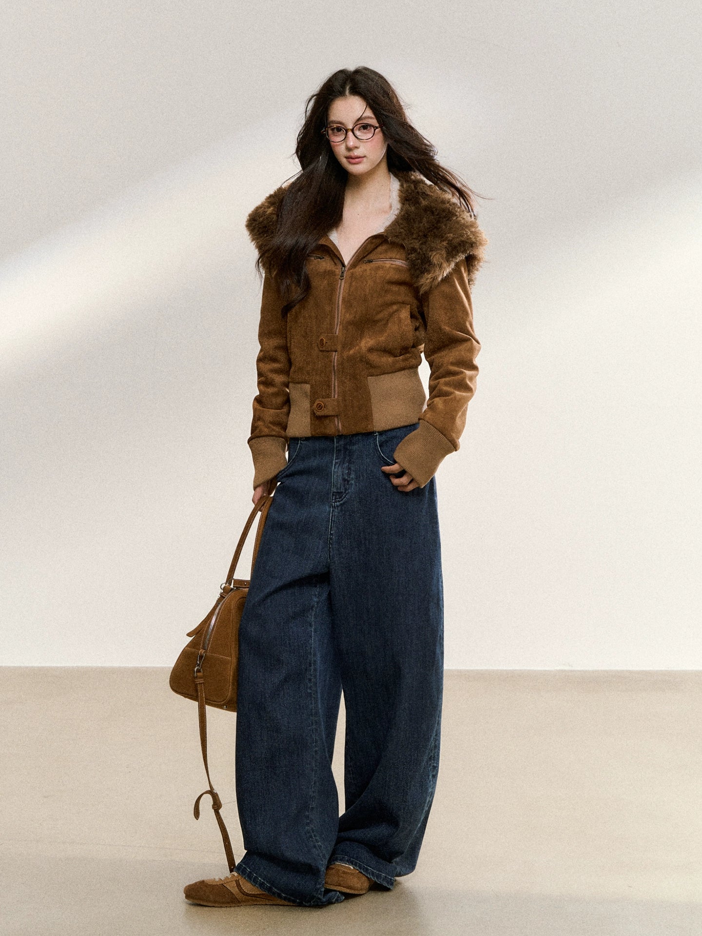 Mahogany Faux Fur Collar Suede Cropped Jacket - CHINASQUAD