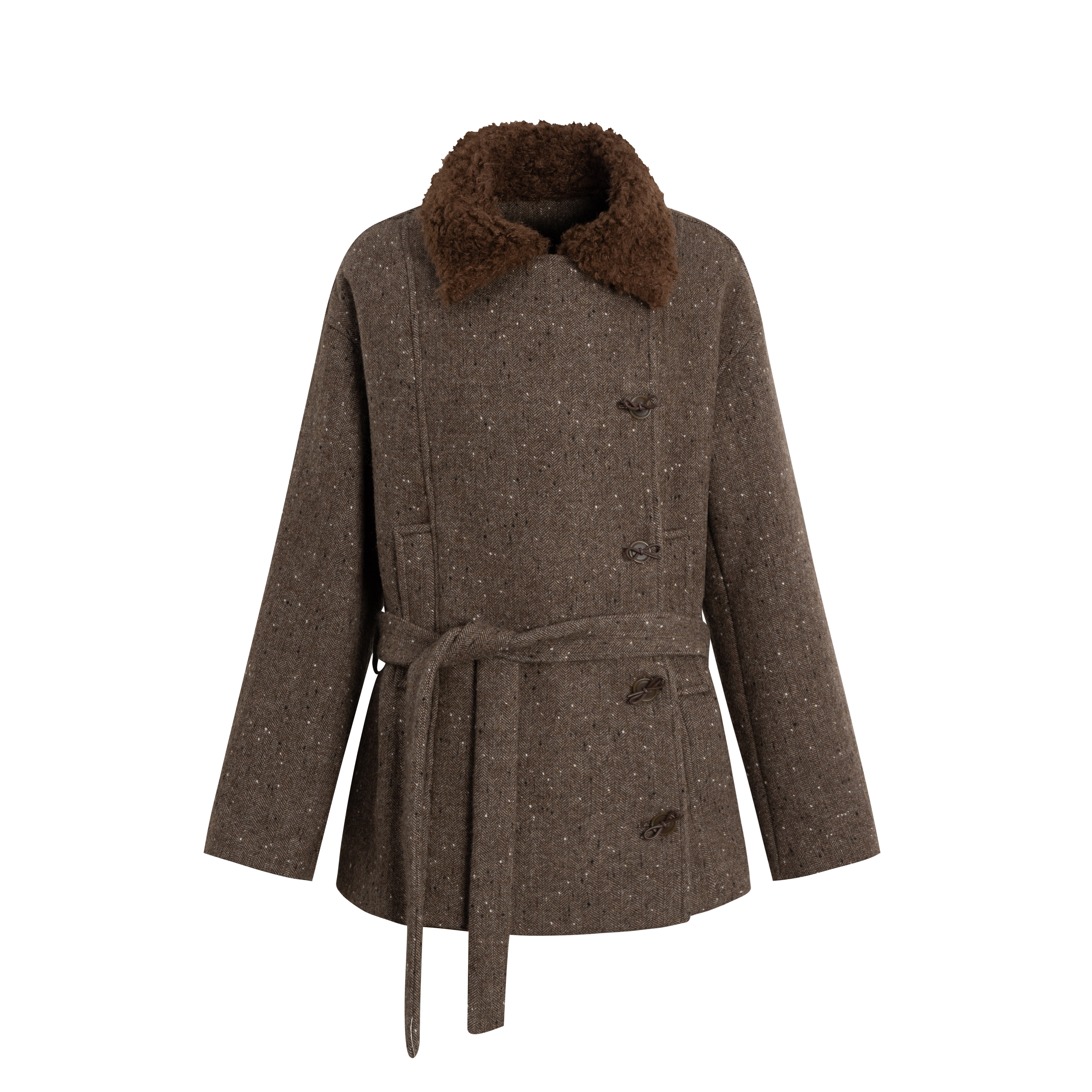 Deep Grey & Brown Wool Blend Fleece-Collar Coat
