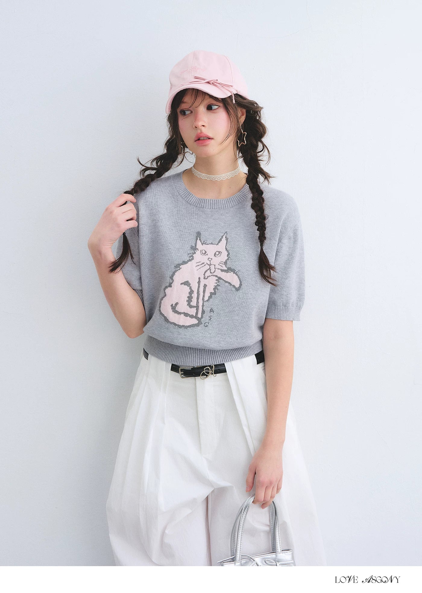 Jacquard Cat Motif Short Sleeve Knit Top