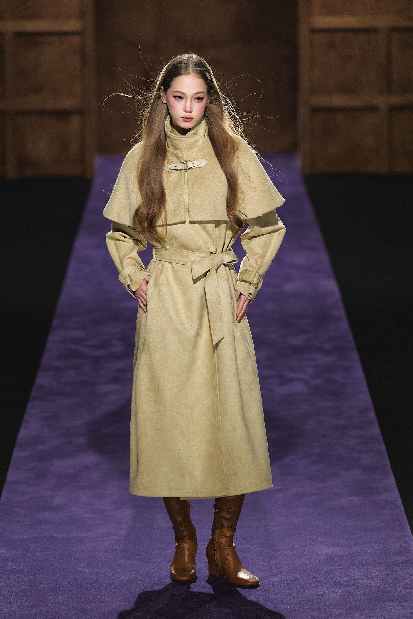 Shimmer Wool Cape Overlay & Suede Long Detachable Belt Coat