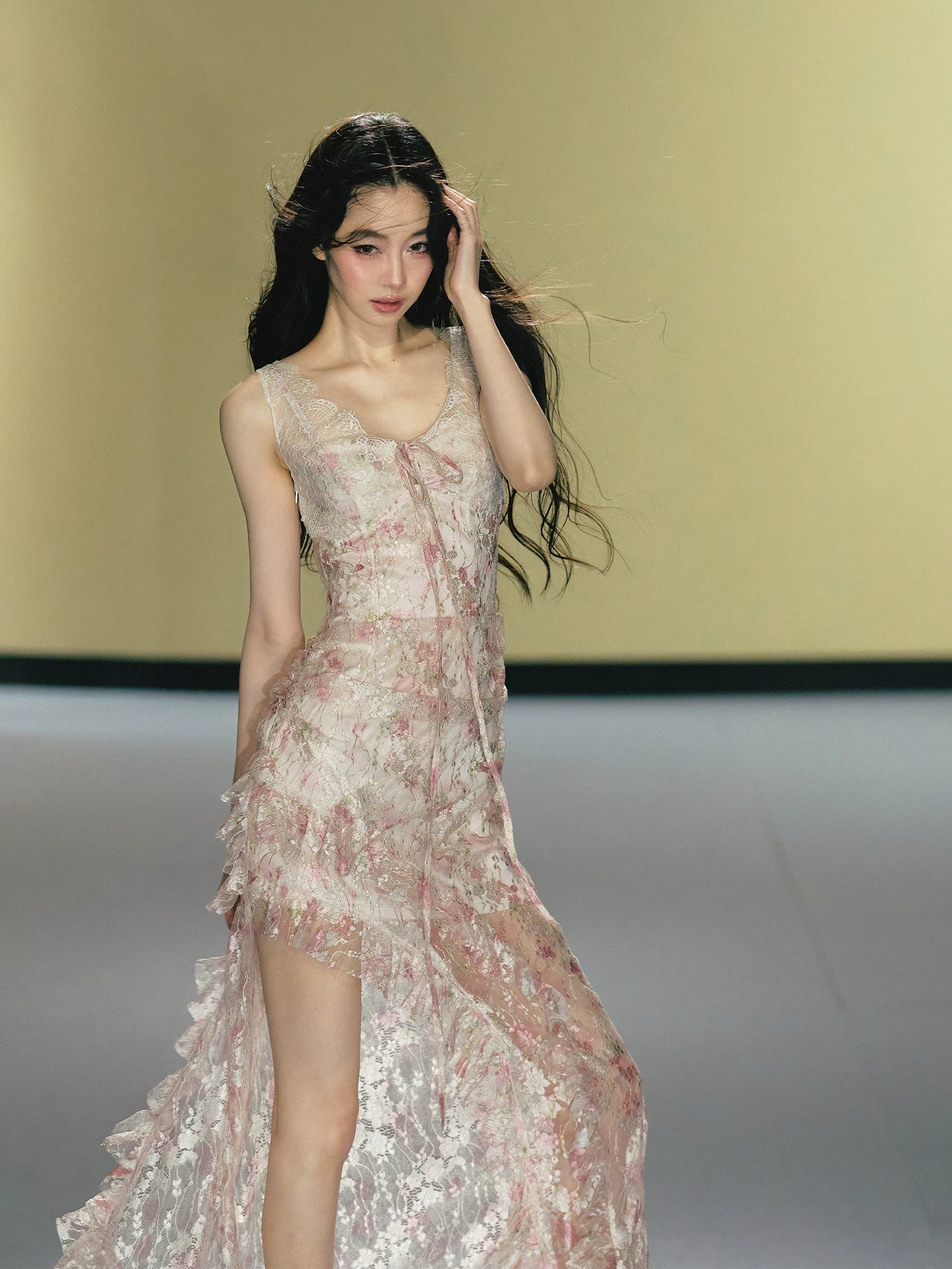 Misty Blush Lace-Panel Slip Maxi Dress