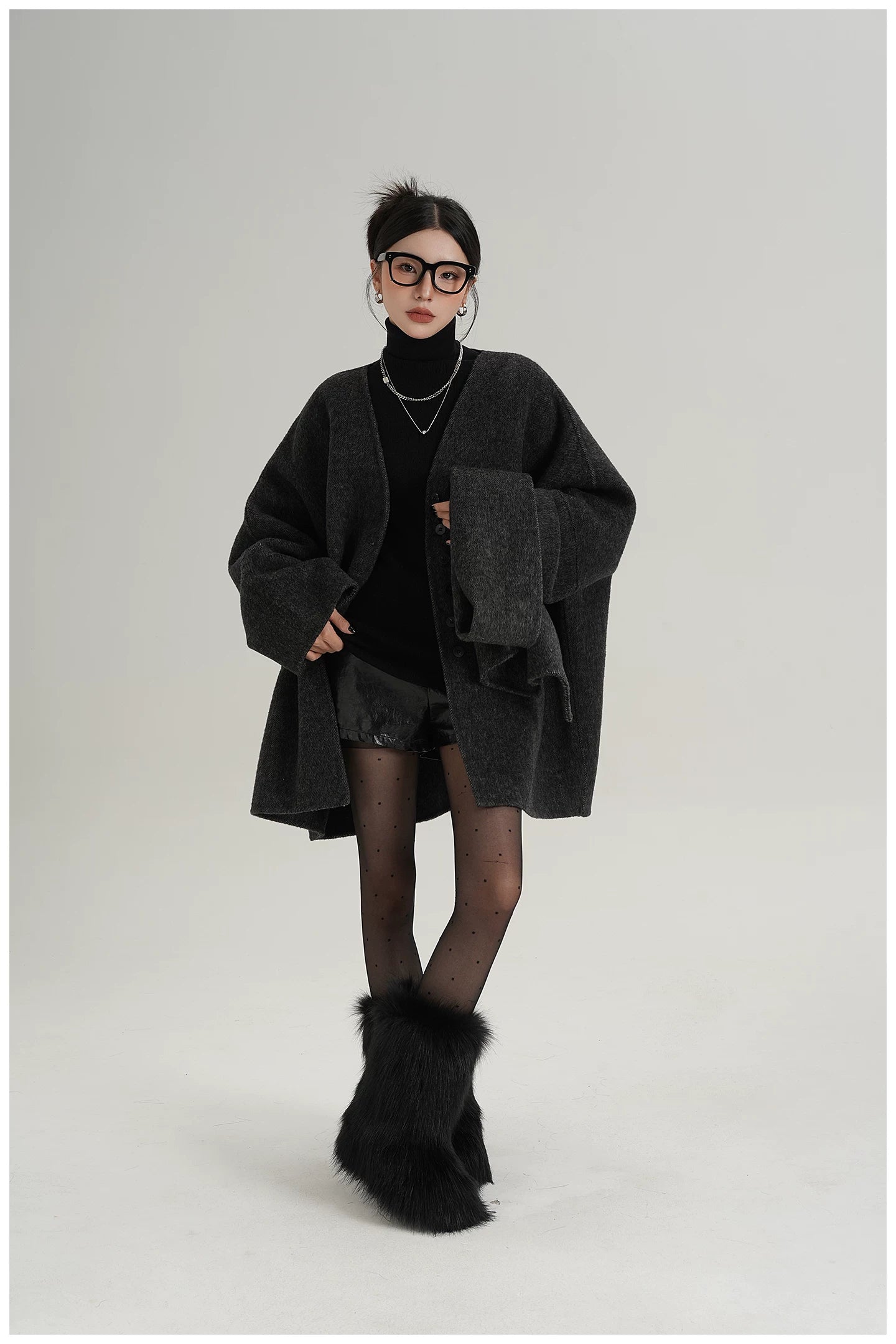 Scarf-Detail Mid-Length Wool Jacket