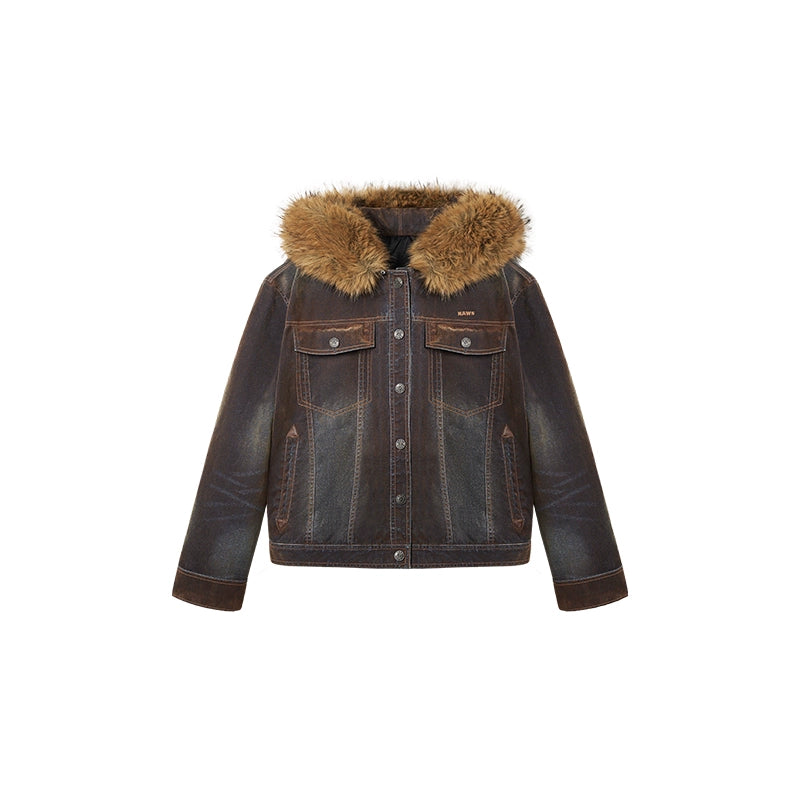 Ross Oversized Washed Eco Fox Fur Collar Denim Jacket