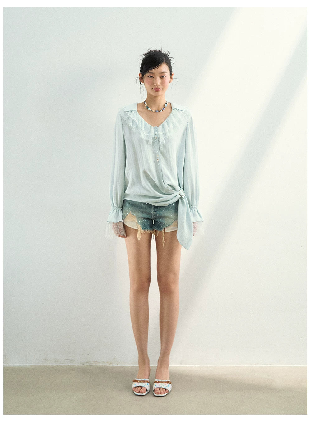 Lace Trim Relaxed Lyocell Blouse