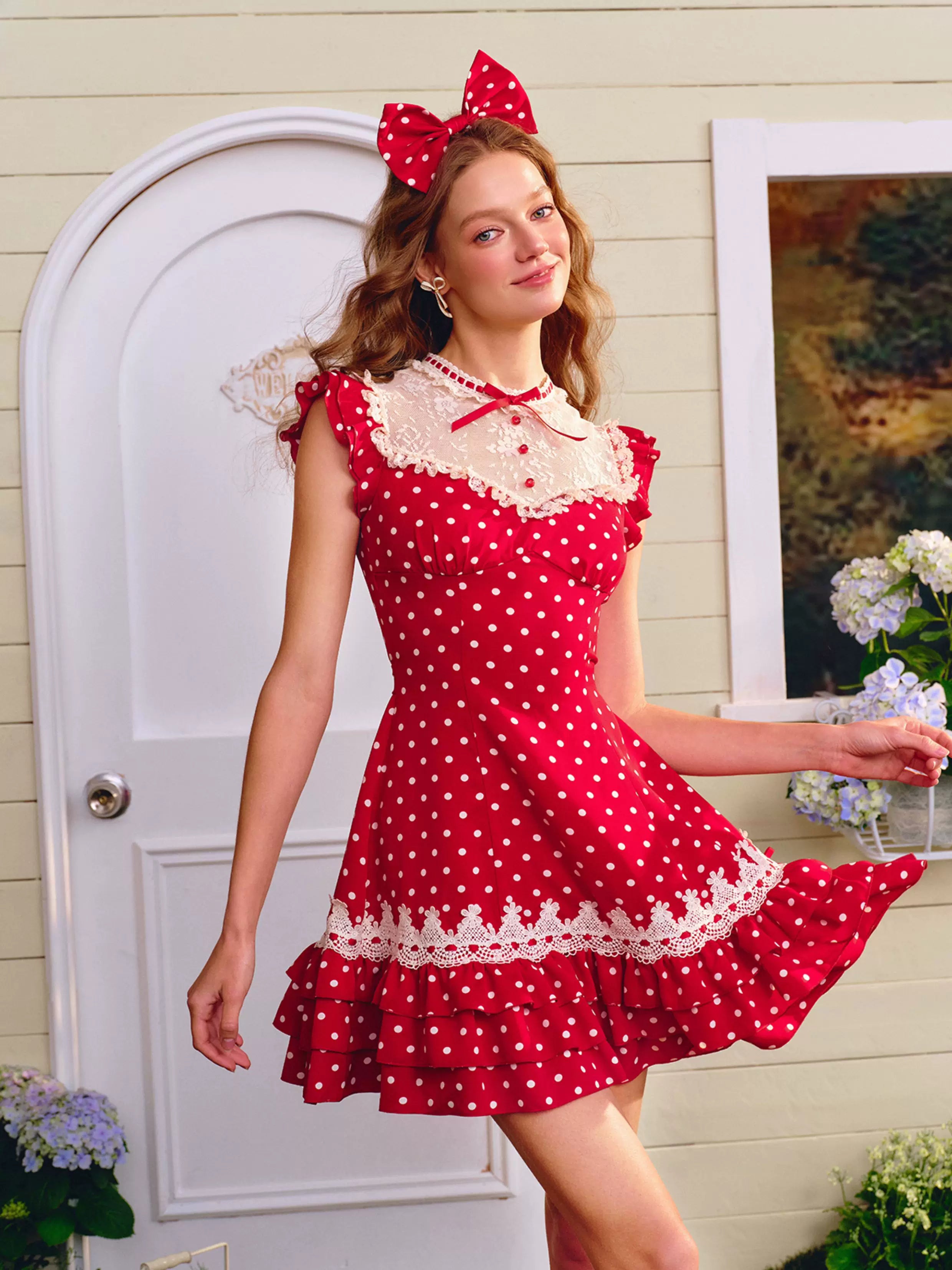 Red Sweet Collegiate Polka Dot Lace Dress
