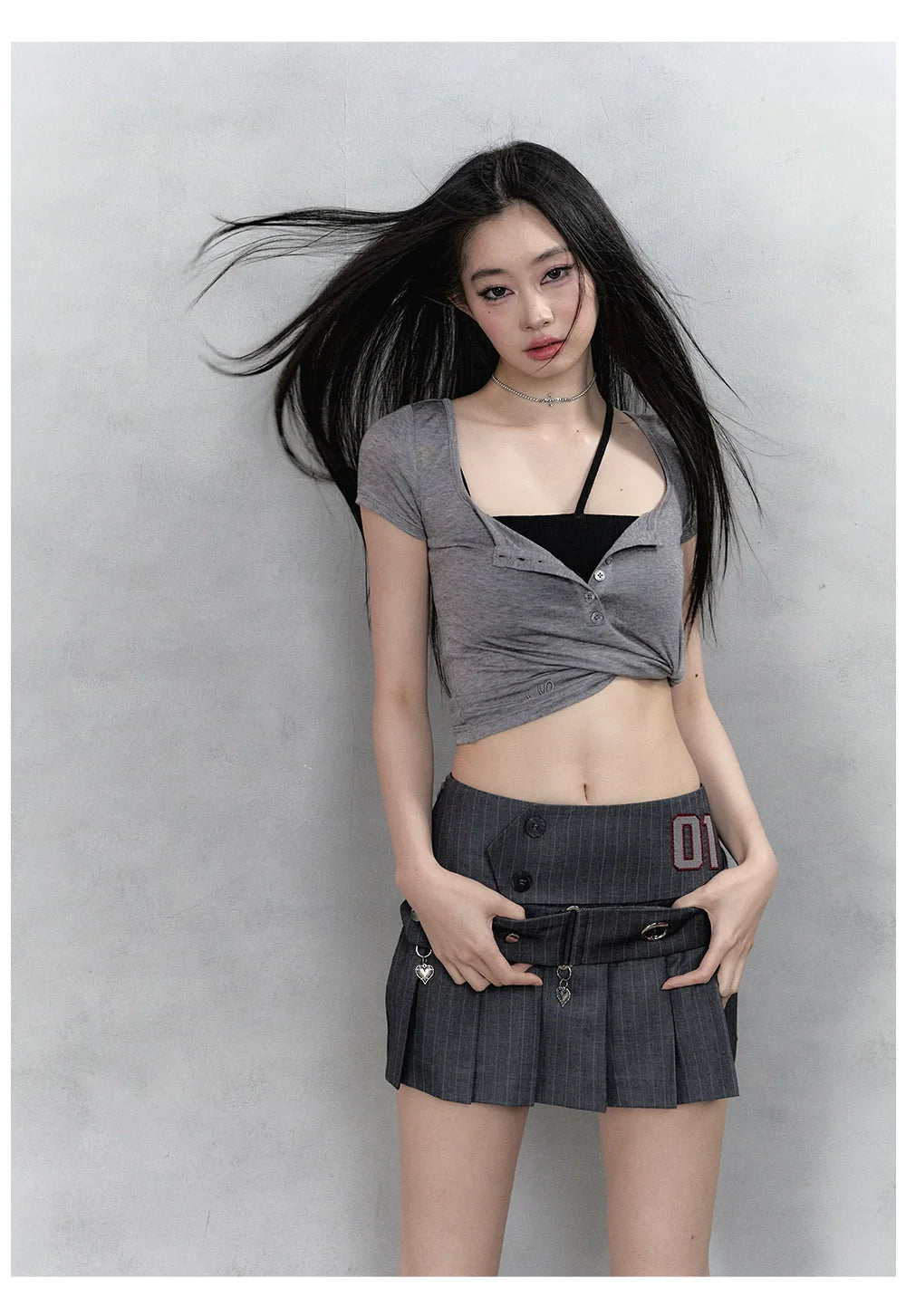 Black & Grey Henley Collar Embroidered T-Shirt - CHINASQUAD