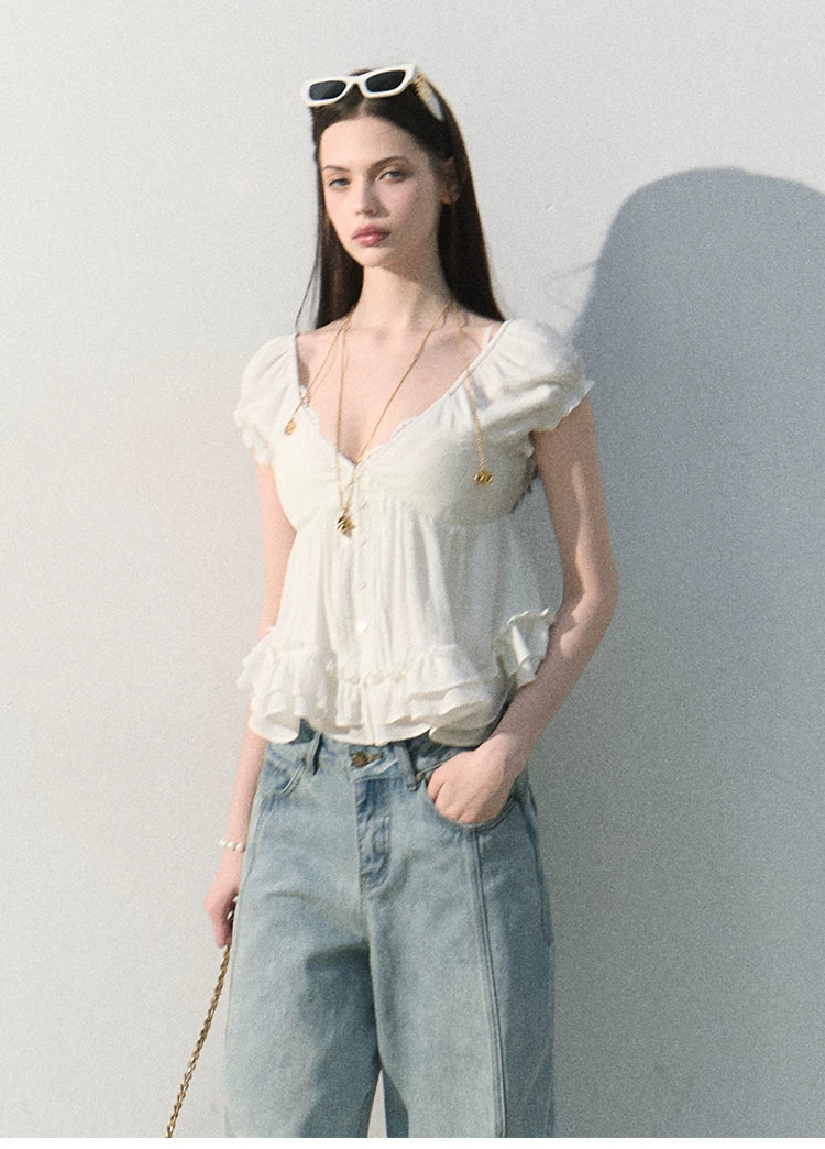 Ripple Romance Linen Blend Puff Sleeve Shirt
