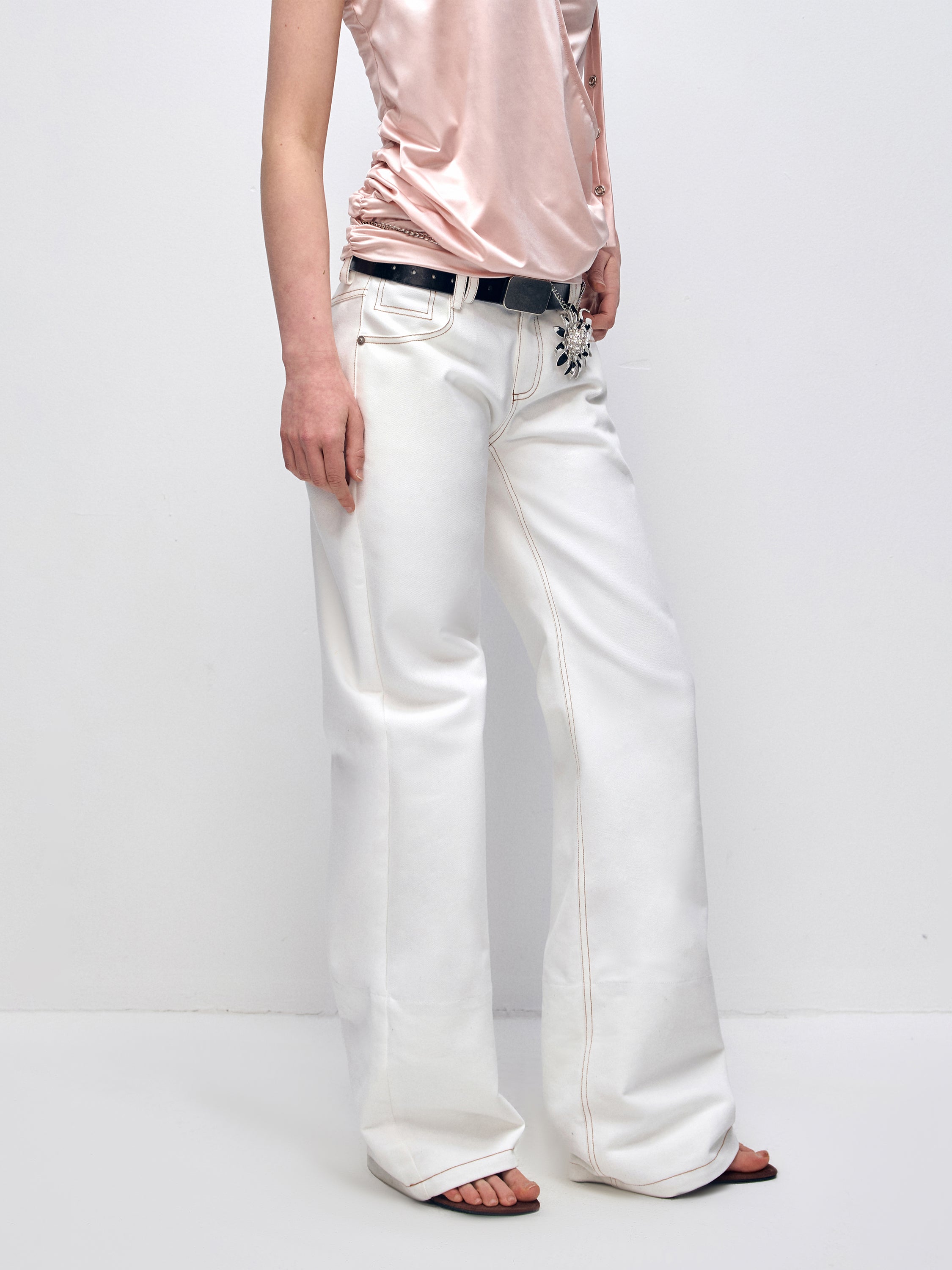 White Patchwork Leopard Print Straight-Leg Denim Pants - CHINASQUAD