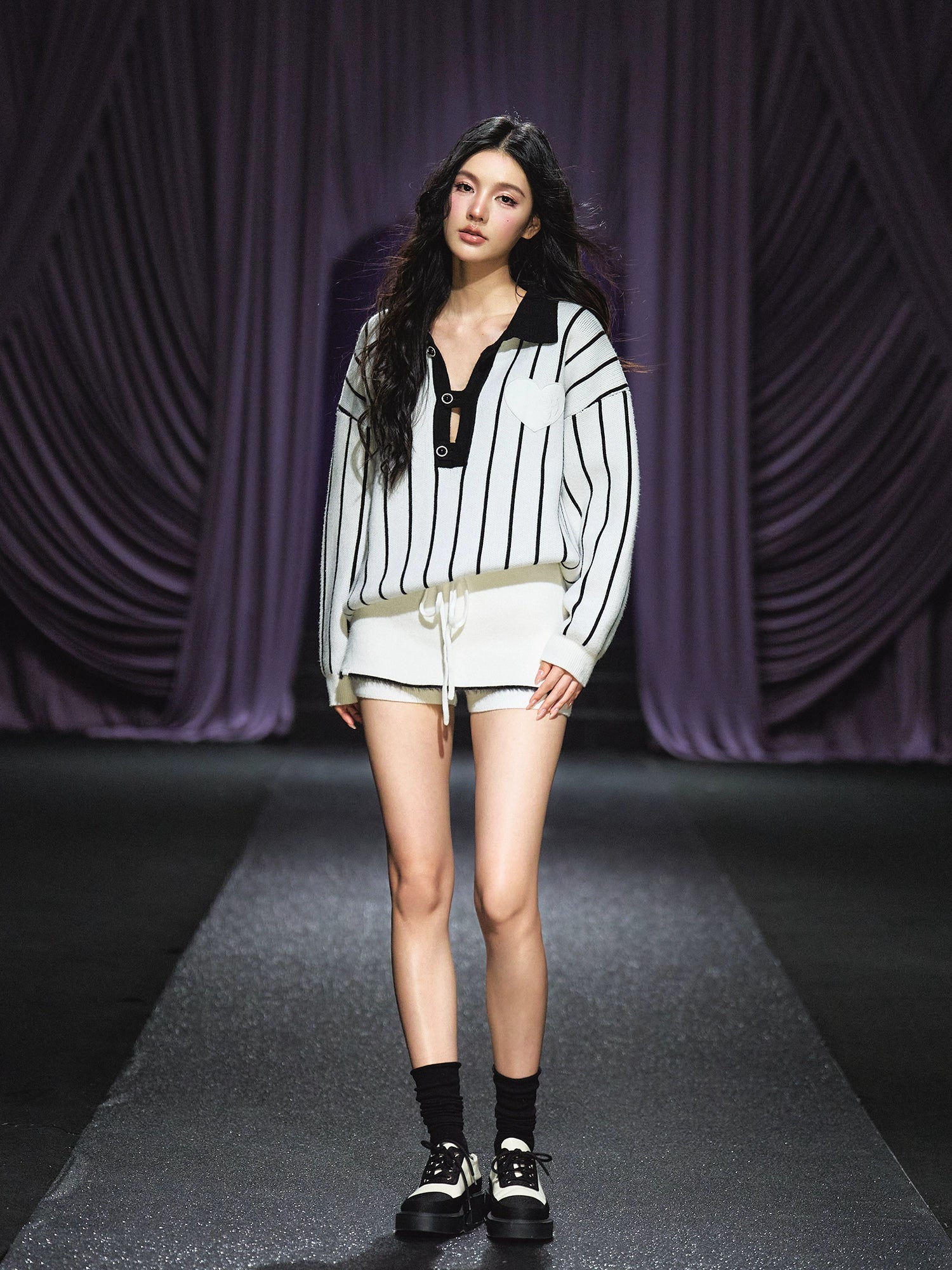 Striped Knit Polo T-Shirt & Contrast Trim Skort Set - CHINASQUAD