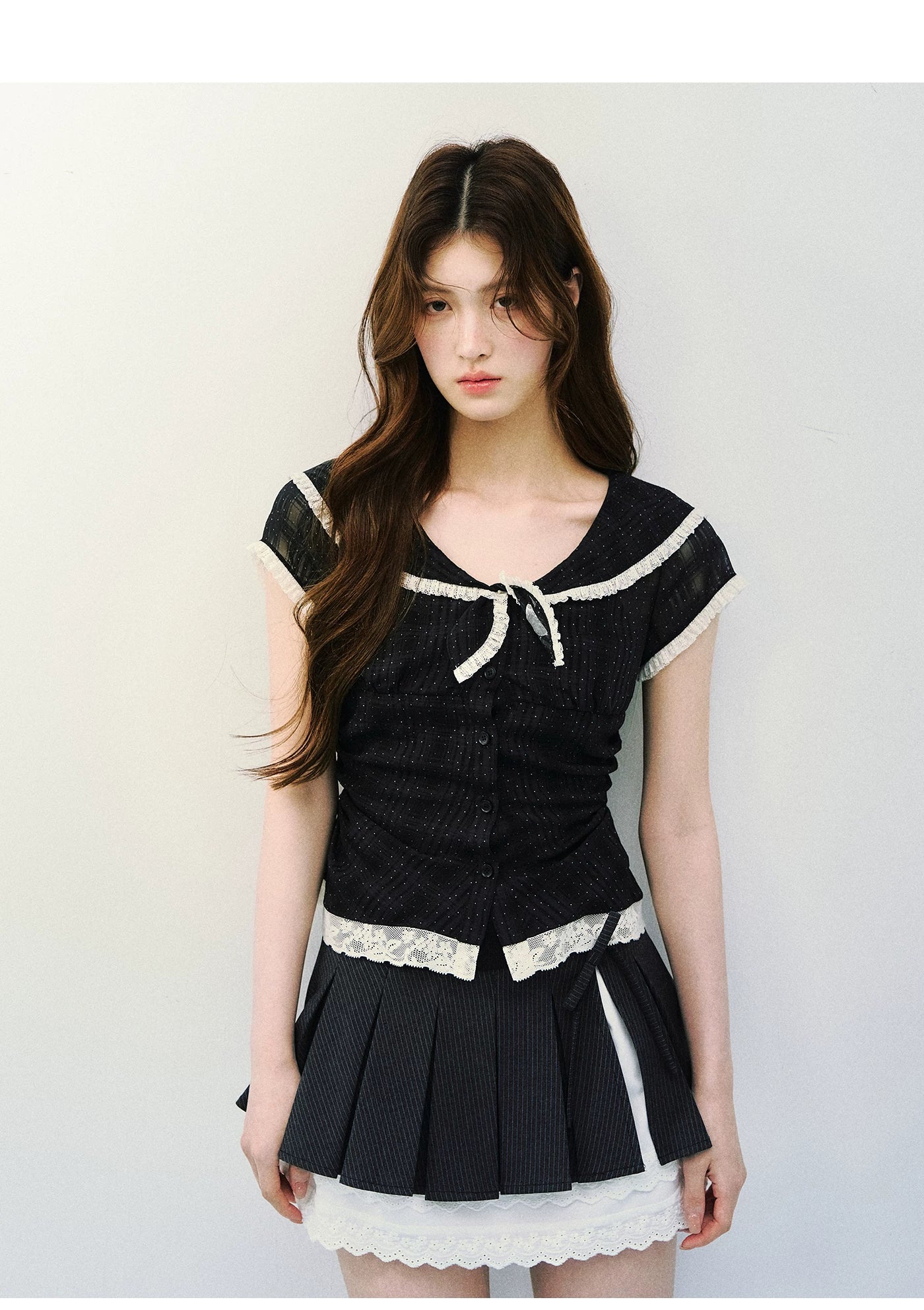 Vintage Sheer Polka Dot Sailor Collar Blouse