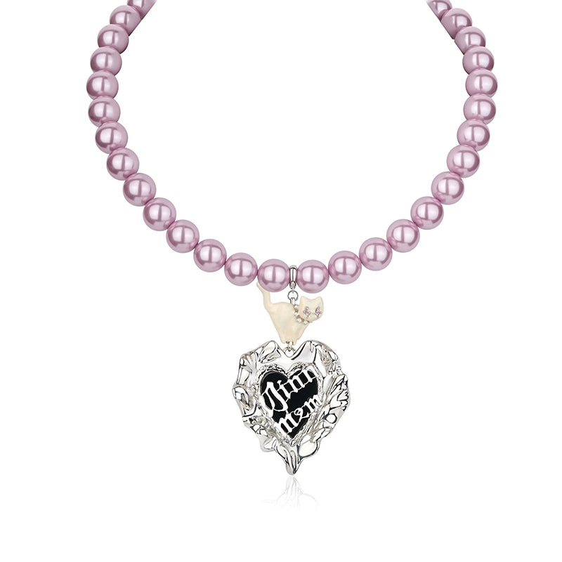 Cat Heart Enamel Pearl Necklace - CHINASQUAD