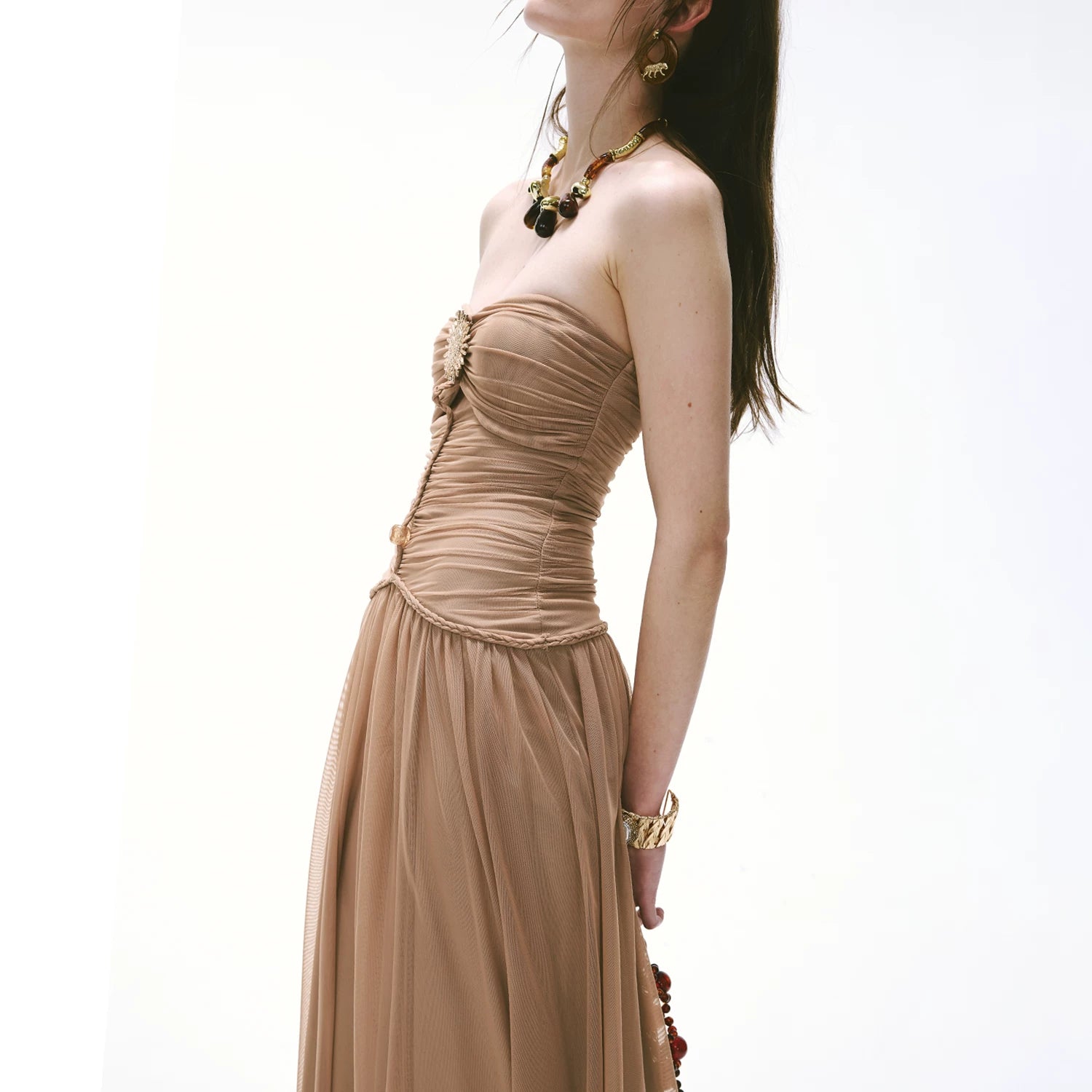 Cool-Goddess Strapless Braided Ruched Maxi Dress