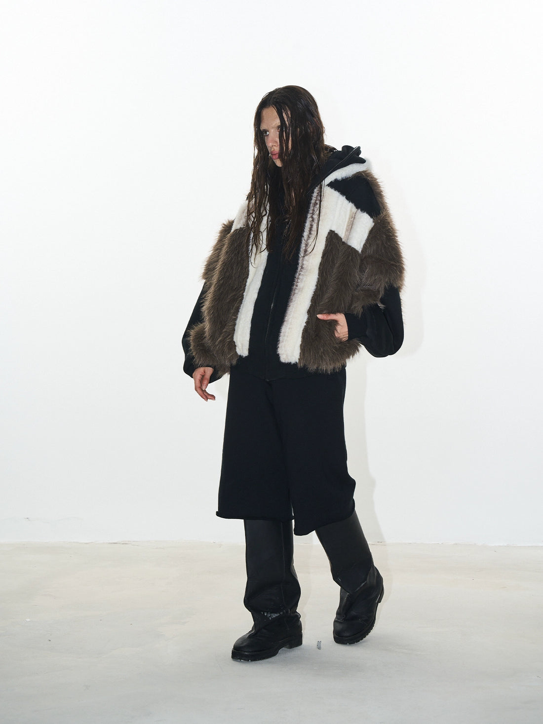 Brown Colorblock Hooded Winter Fleece Coat - CHINASQUAD