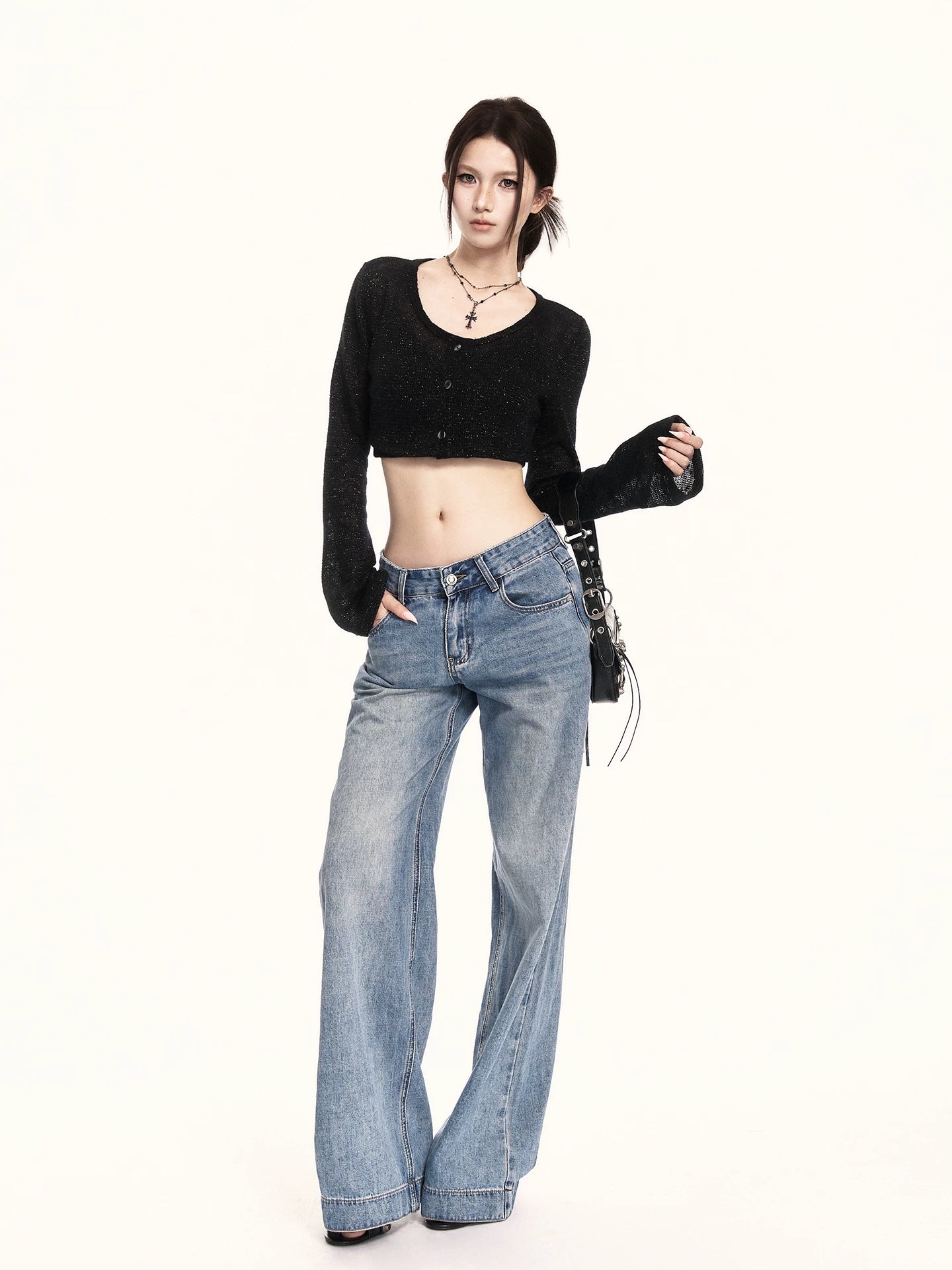 Minimal Black Sheer Knit Cropped Cardigan