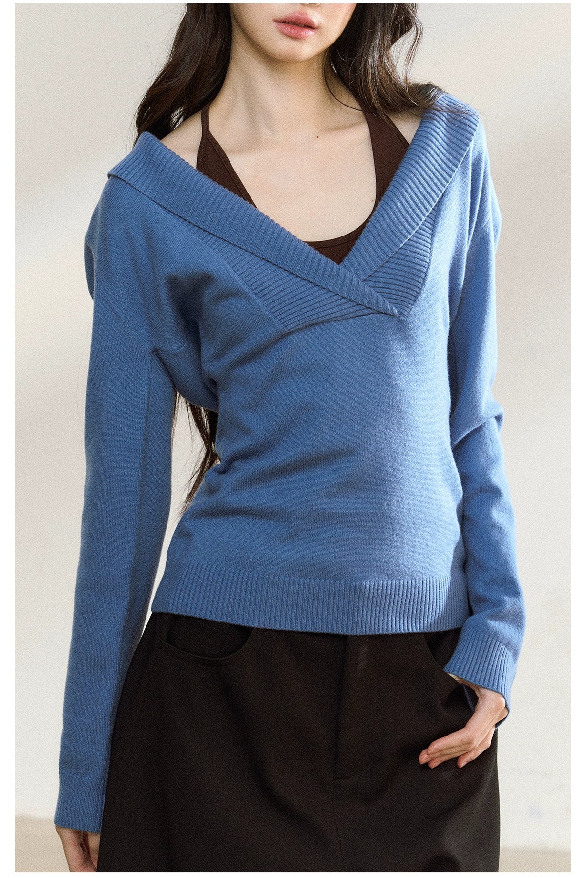Blue Off-Shoulder Knit Sweater Cardigan - CHINASQUAD