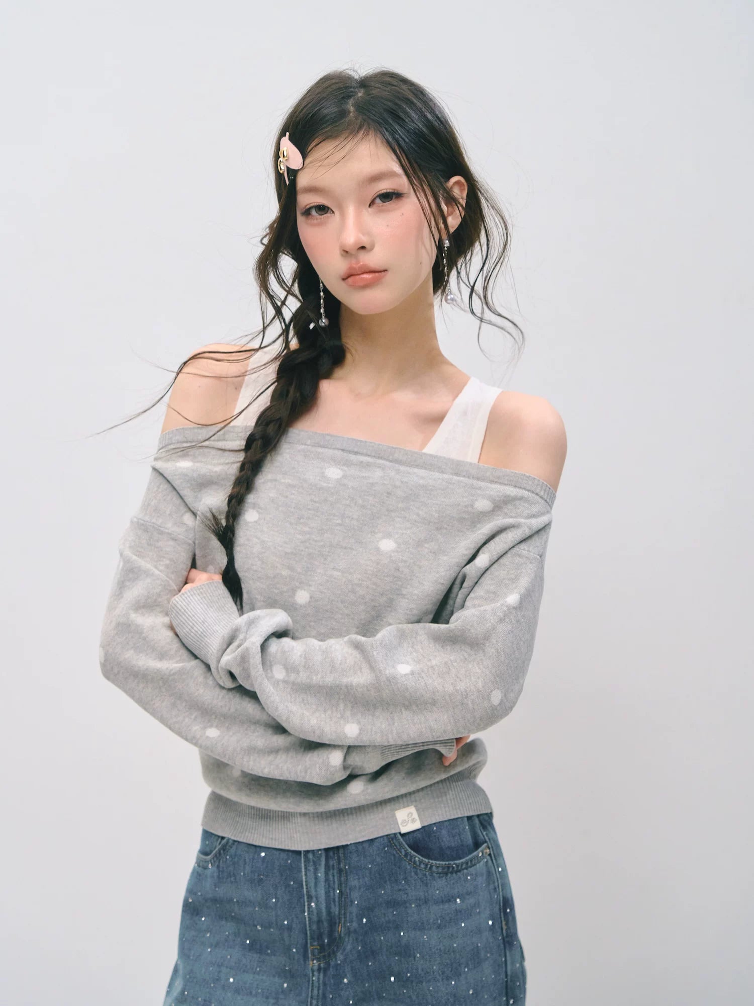 Off-Shoulder Polka Dot Layered Knit Sweater