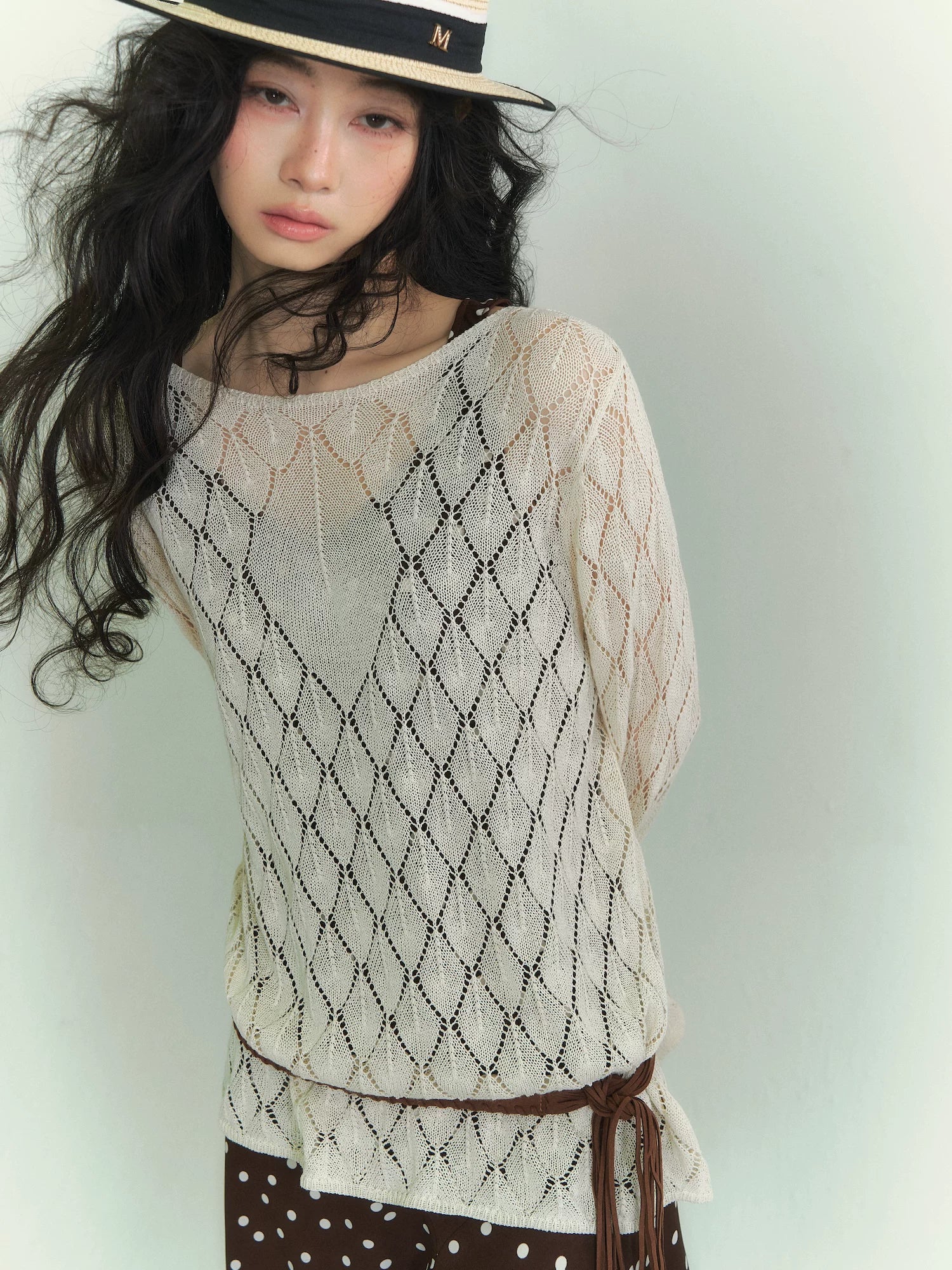 Openwork Diamond-Knit Washi Yarn Long-Sleeve Top