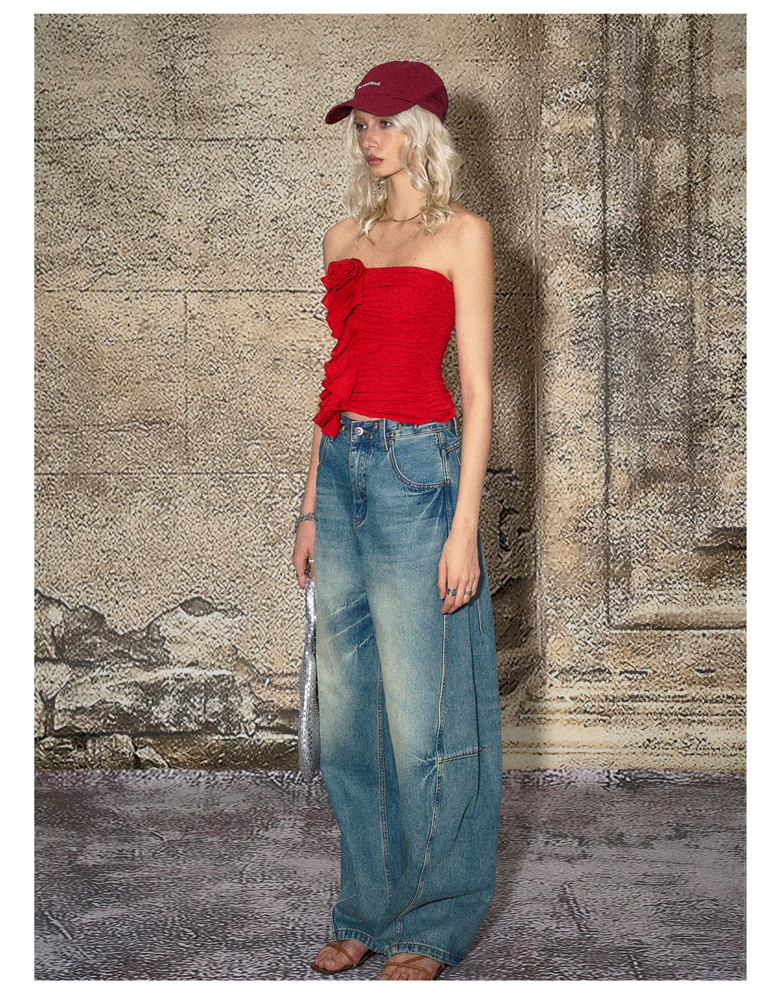 Red Floral Ruched Bandeau Crop T-shirt