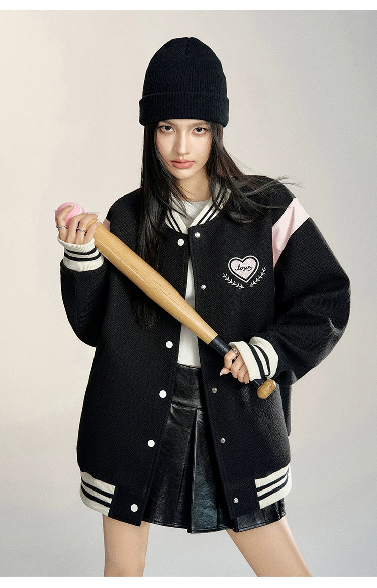 White & Black Heart Embroidered Baseball Jacket