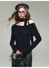 (Final Sale) White & Black Off-Shoulder Lace Knit Crewneck - CHINASQUAD