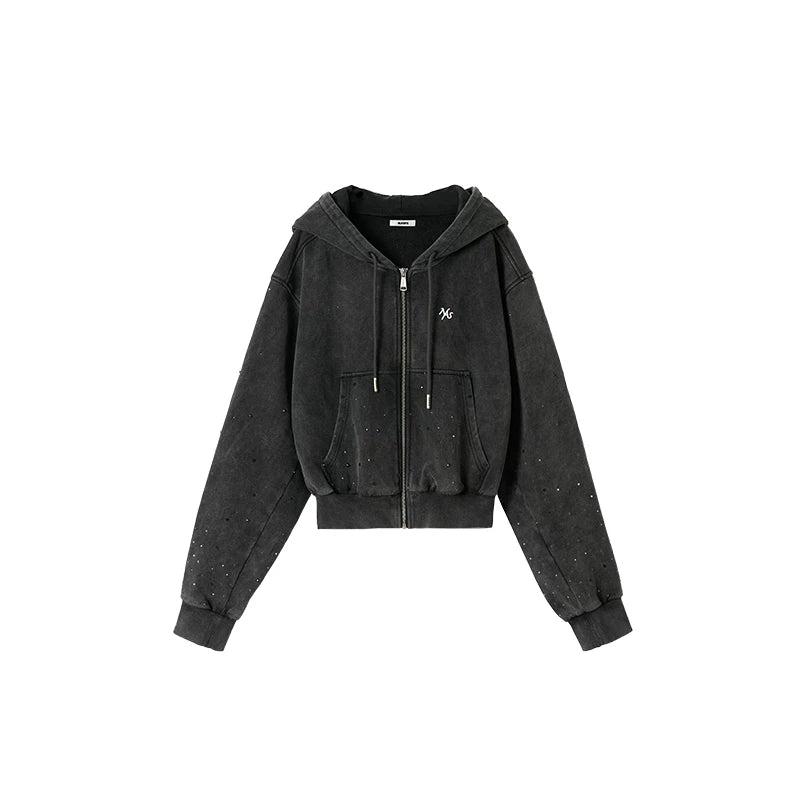 Embellished Washed Cotton Cropped Hoodie