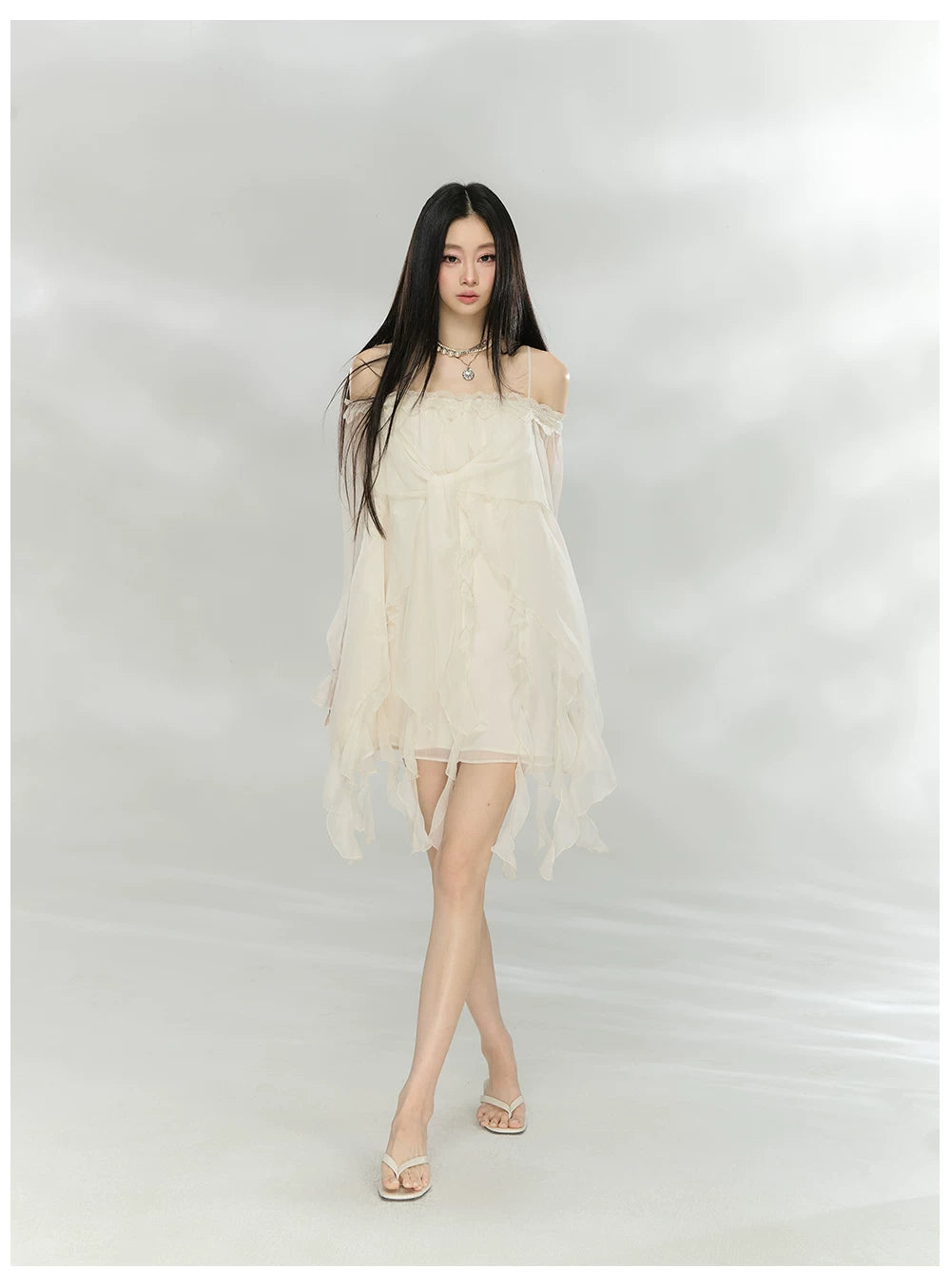 Lace-Trim Off-Shoulder Chiffon Dress