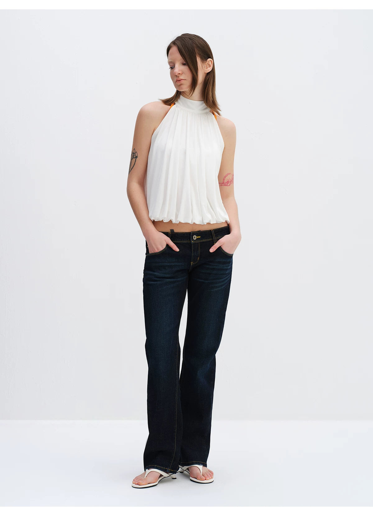 Lyocell Bubble Hem Halter Neck Blouse