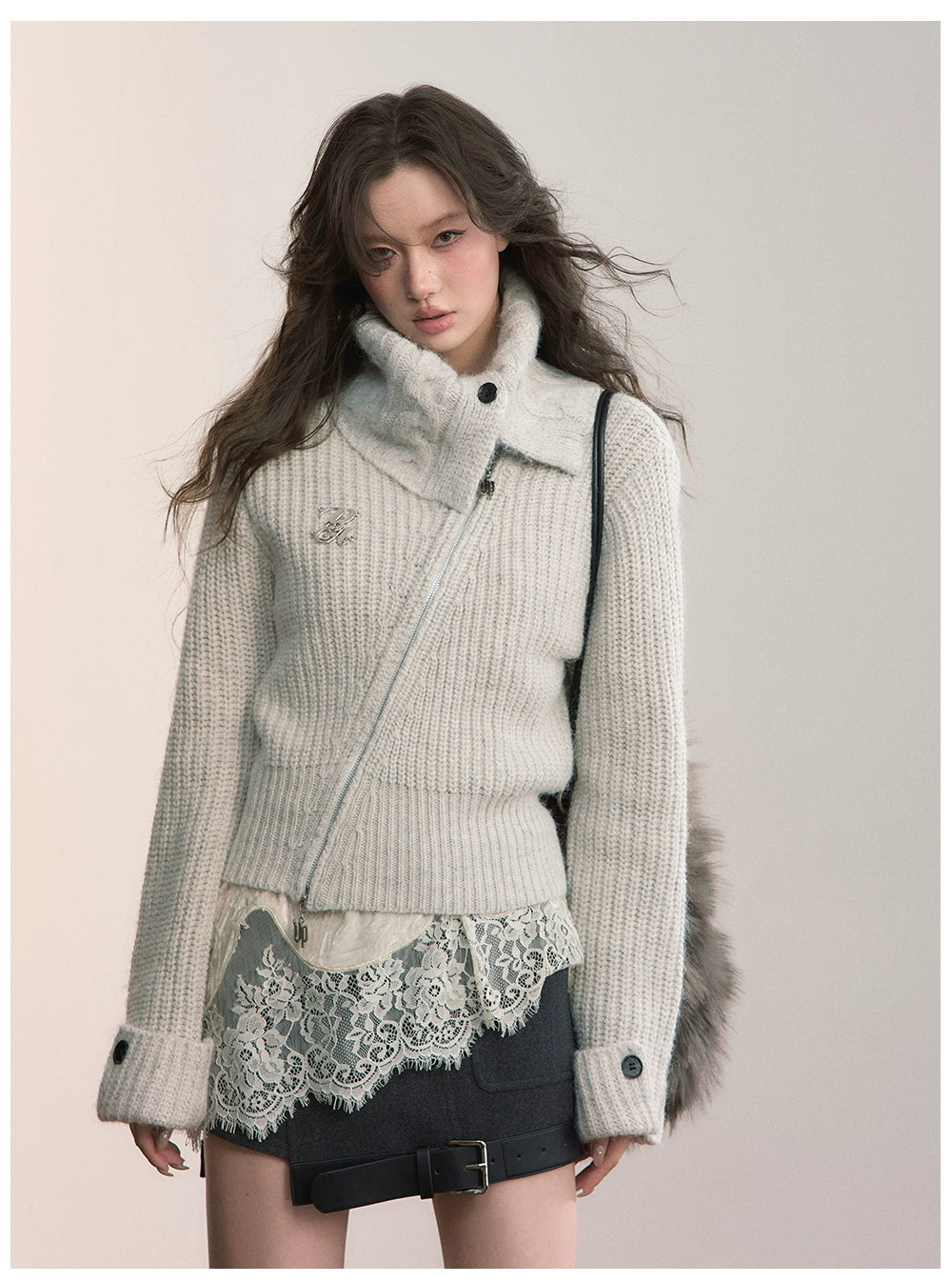 Oversized Lapel Asymmetrical Zip Knit Cardigan - CHINASQUAD