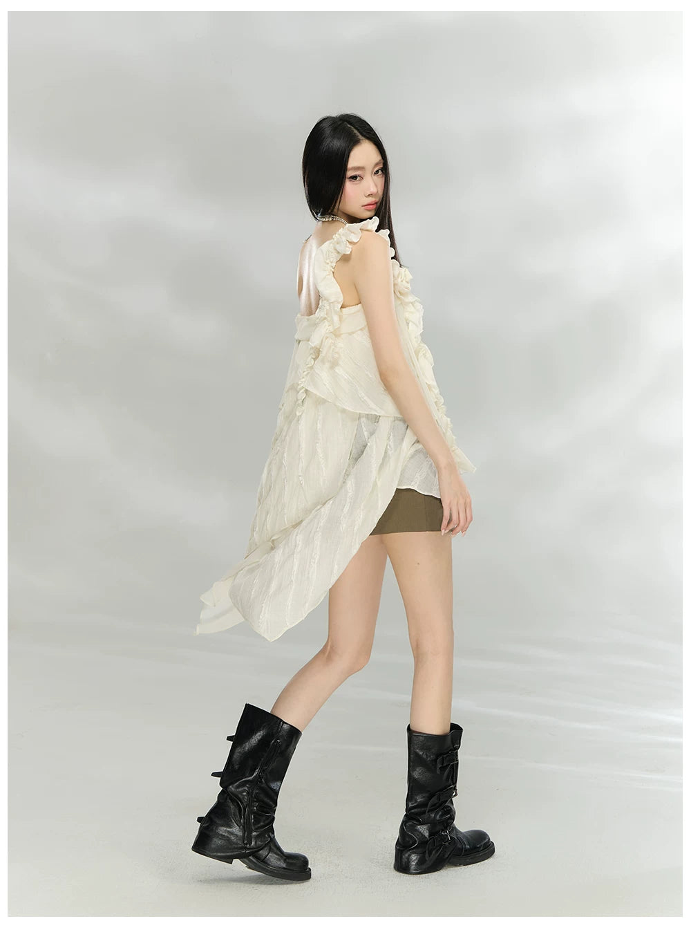 Asymmetric Ruffle Rose Detail Layered Dress