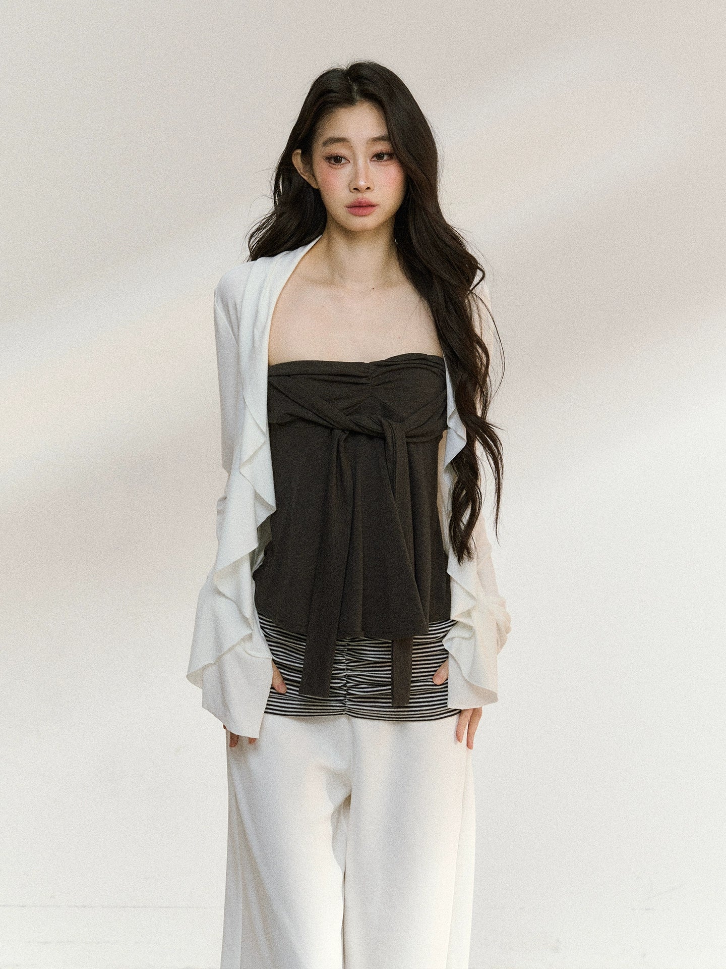 Layered Ruffle-Edge Cardigan & Tube Top Set - CHINASQUAD