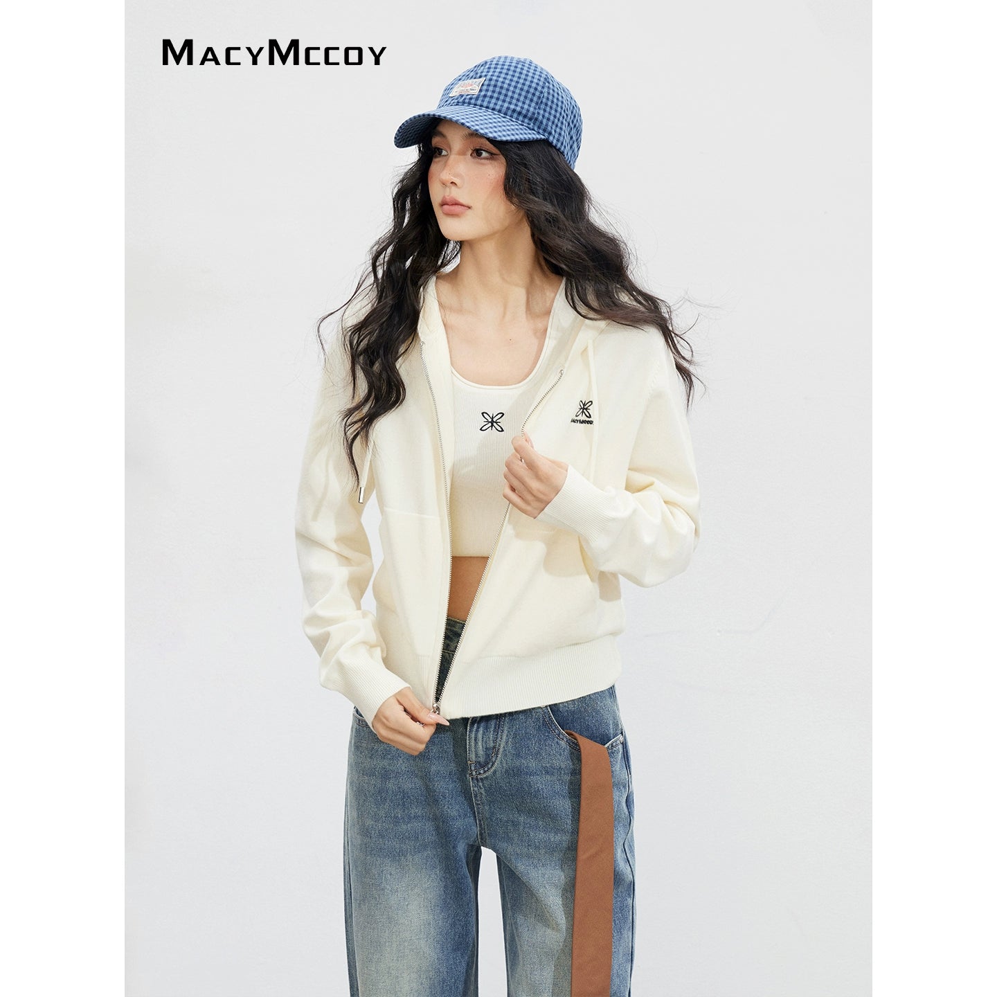 Embroidered Knit Zip-up Hoodie