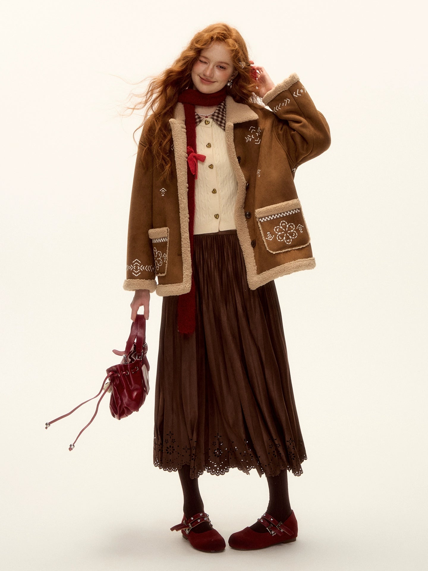 Suede Pleated Midi Skirt