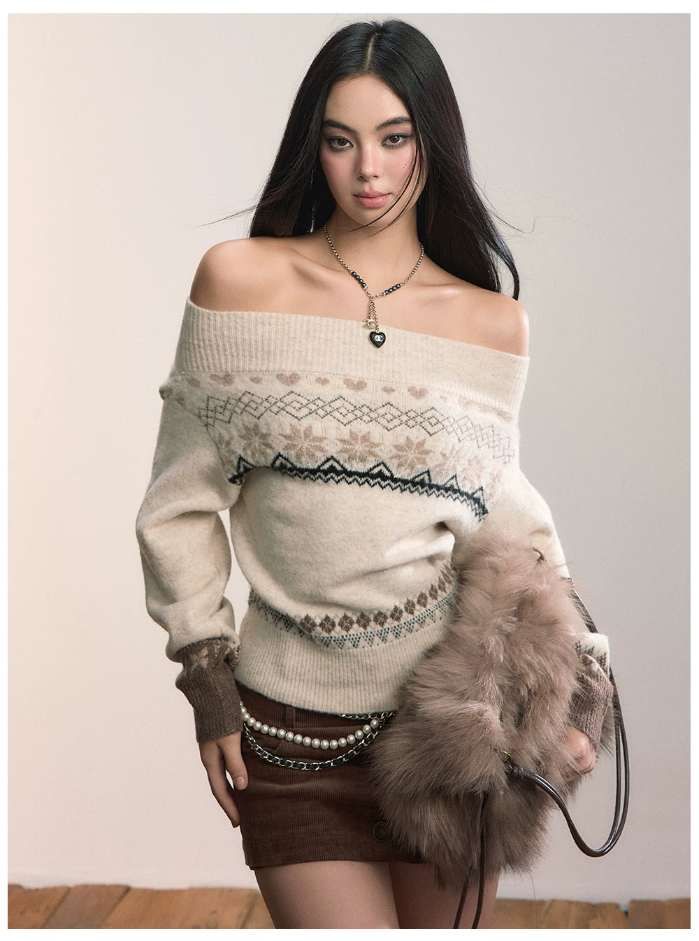 Fair Isle Off-Shoulder Wool Blend Knit Sweater