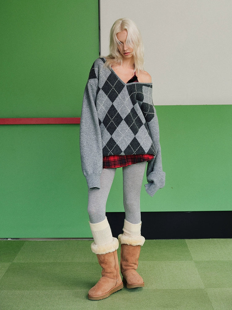 Argyle V-Neck Loose Knit Sweater - CHINASQUAD