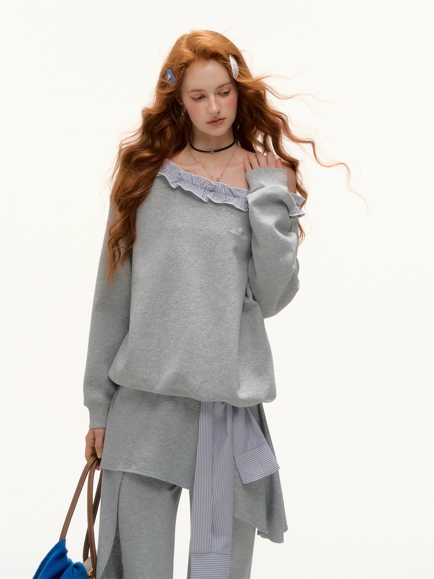 Stripe Ruffled Off-shoulder Sweatshirt - CHINASQUAD