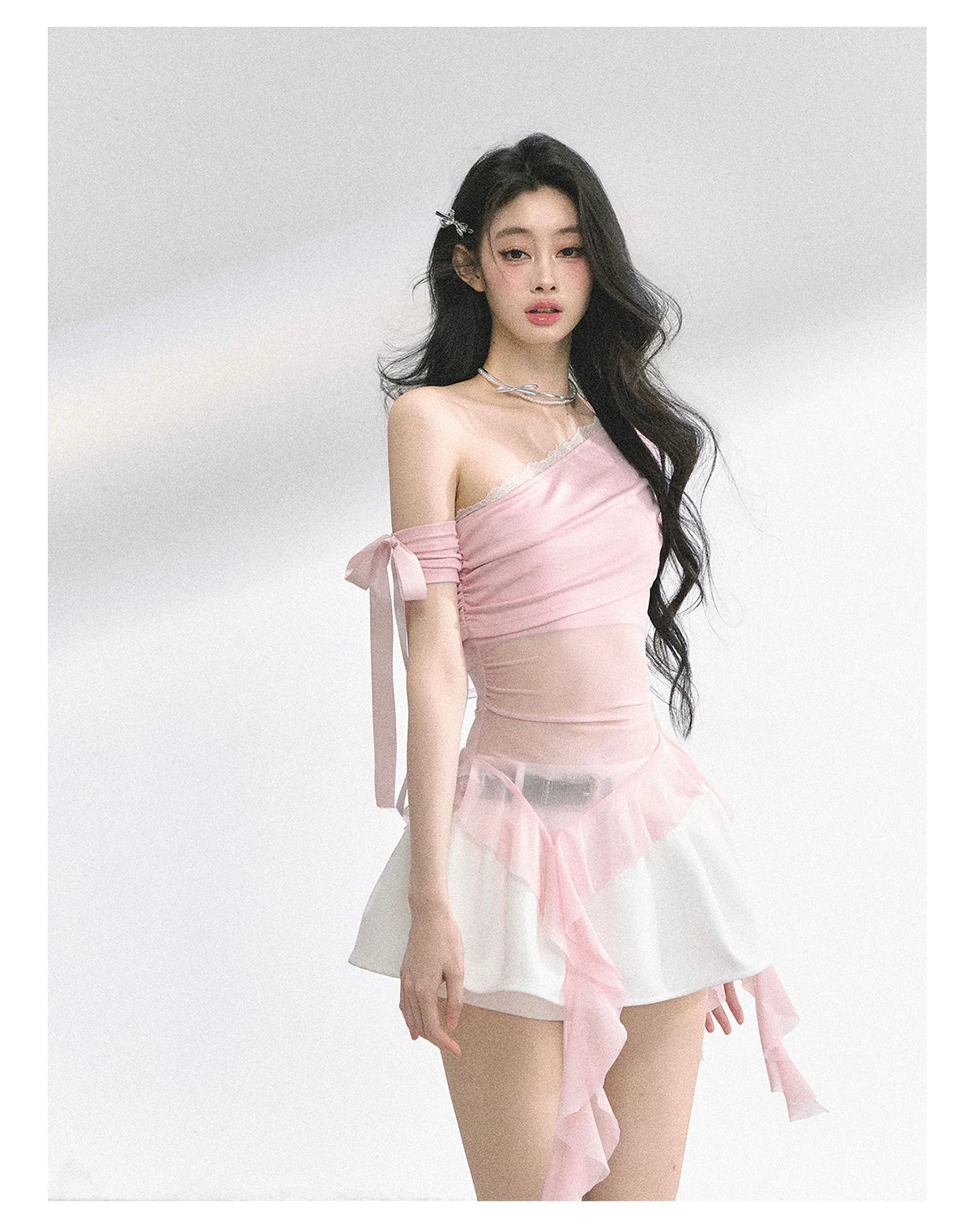 Off-Shoulder Mesh Short-Sleeve T-Shirt