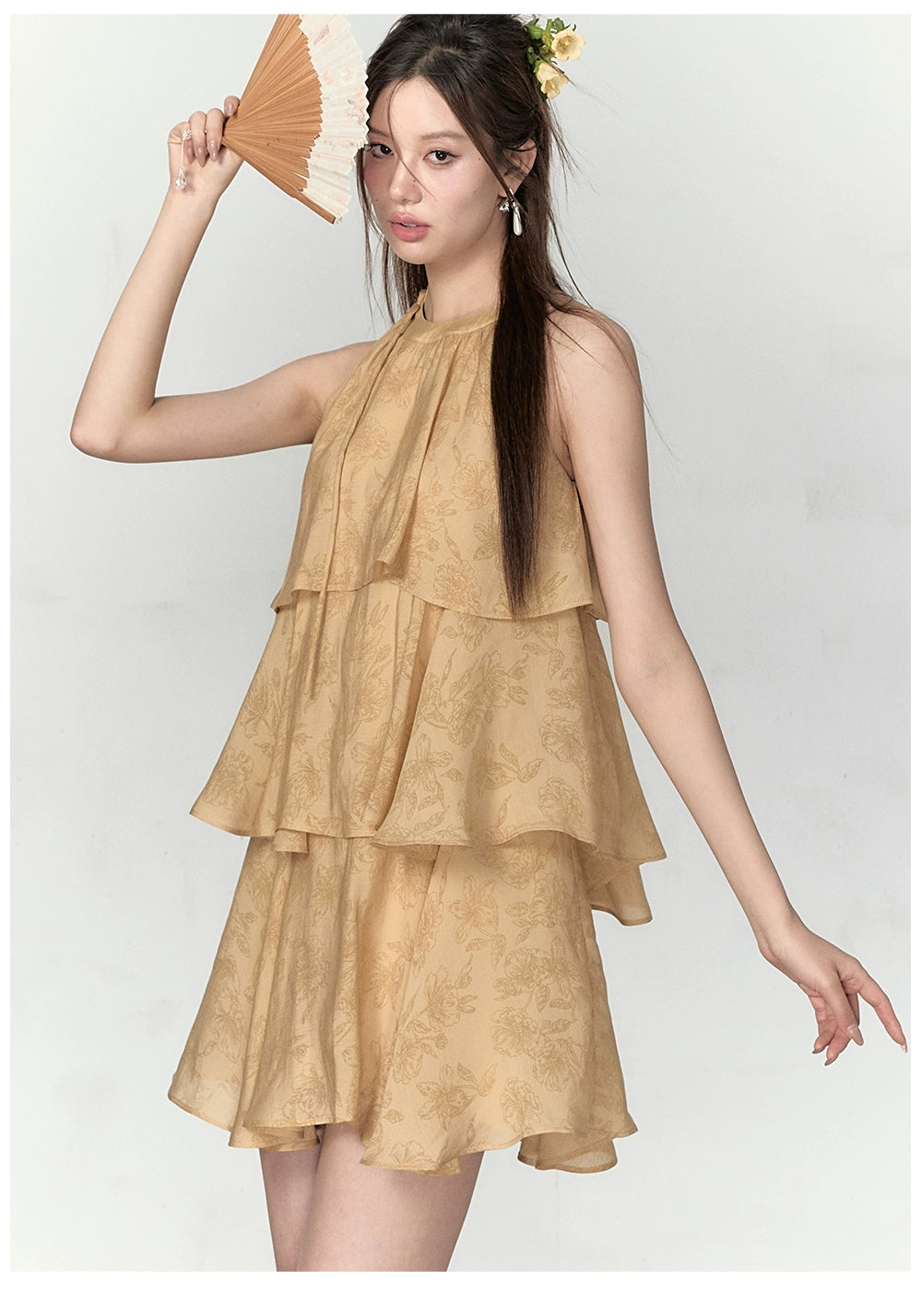 Mustard Yellow Halter Floral Dress - CHINASQUAD