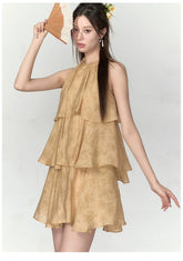 Mustard Yellow Halter Floral Dress - CHINASQUAD