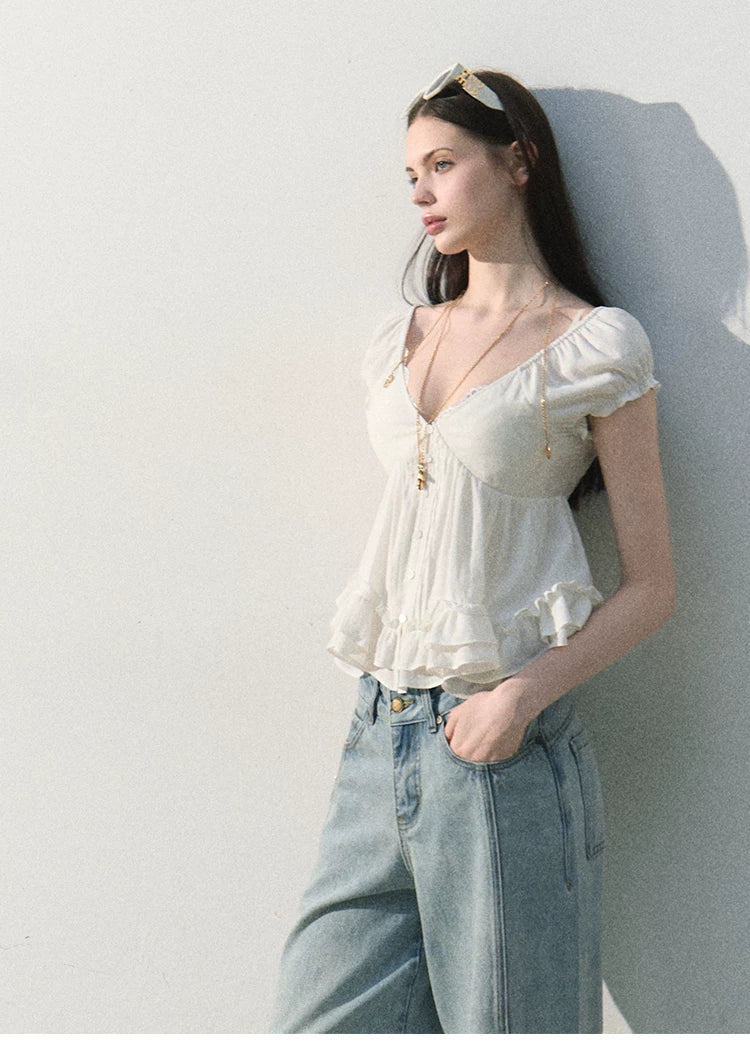 Ripple Romance Linen Blend Puff Sleeve Shirt