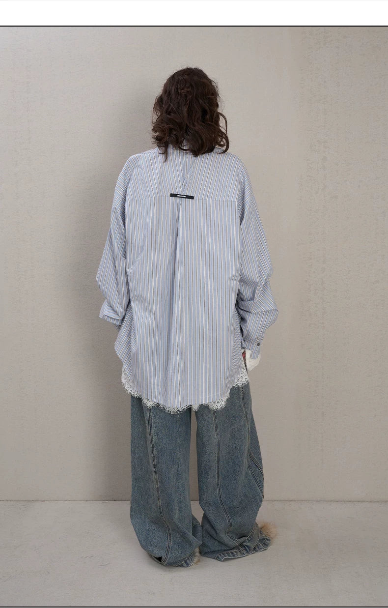 Asymmetric Pleated Stripe Cotton Shirt