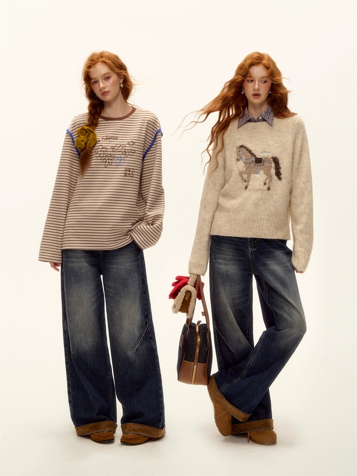 Suede-Panel Washed Denim Wide-Leg Jeans