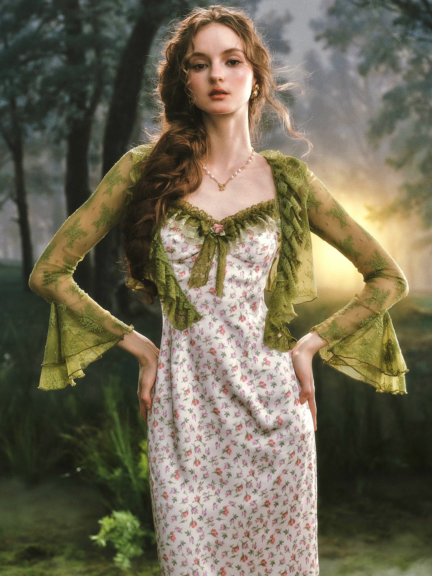 Enchanted Garden Satin Floral Dress & Lace Cardigan Set
