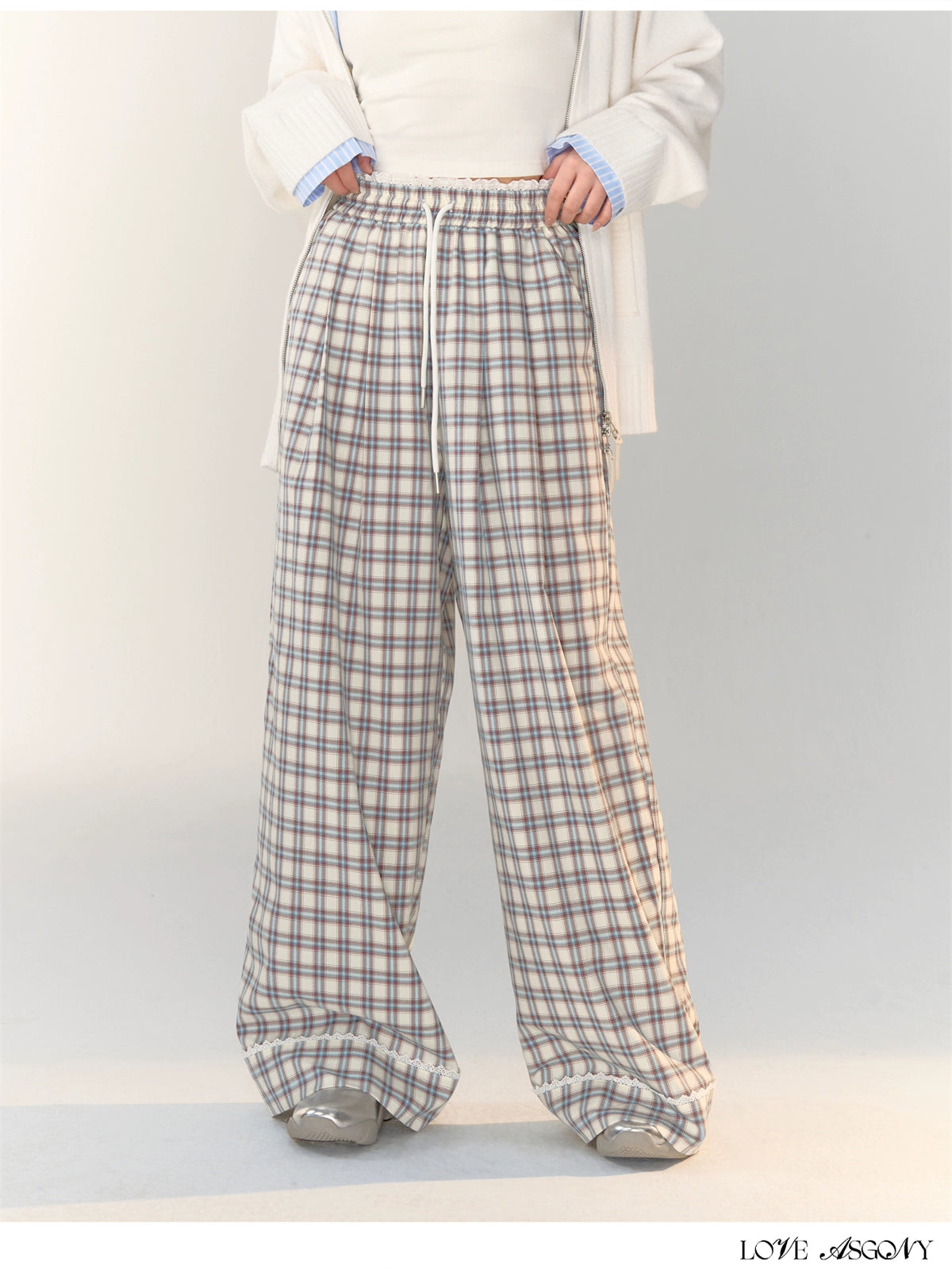 Lace-Trimmed Plaid Wide-Legged Pants - CHINASQUAD