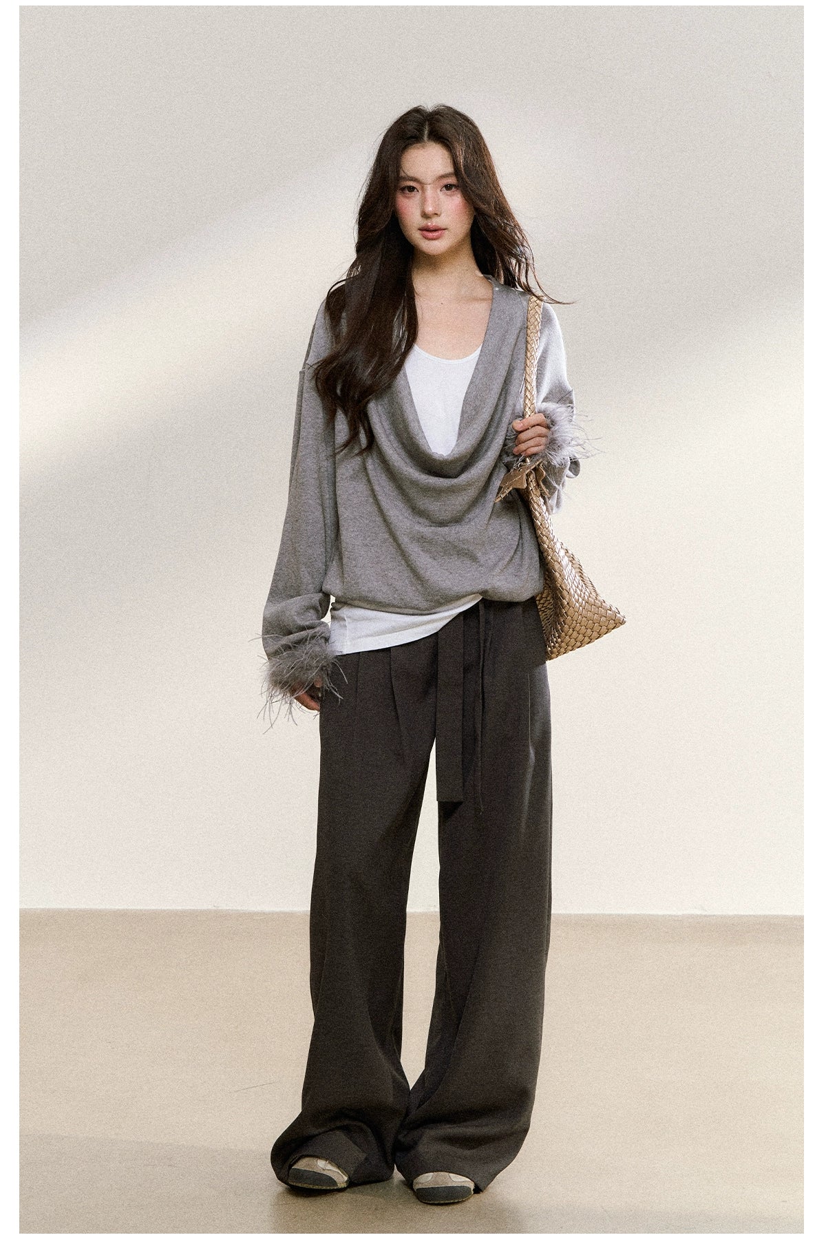 Gray Drape-Neck Fur Cuff Detail Knit Blouse - CHINASQUAD